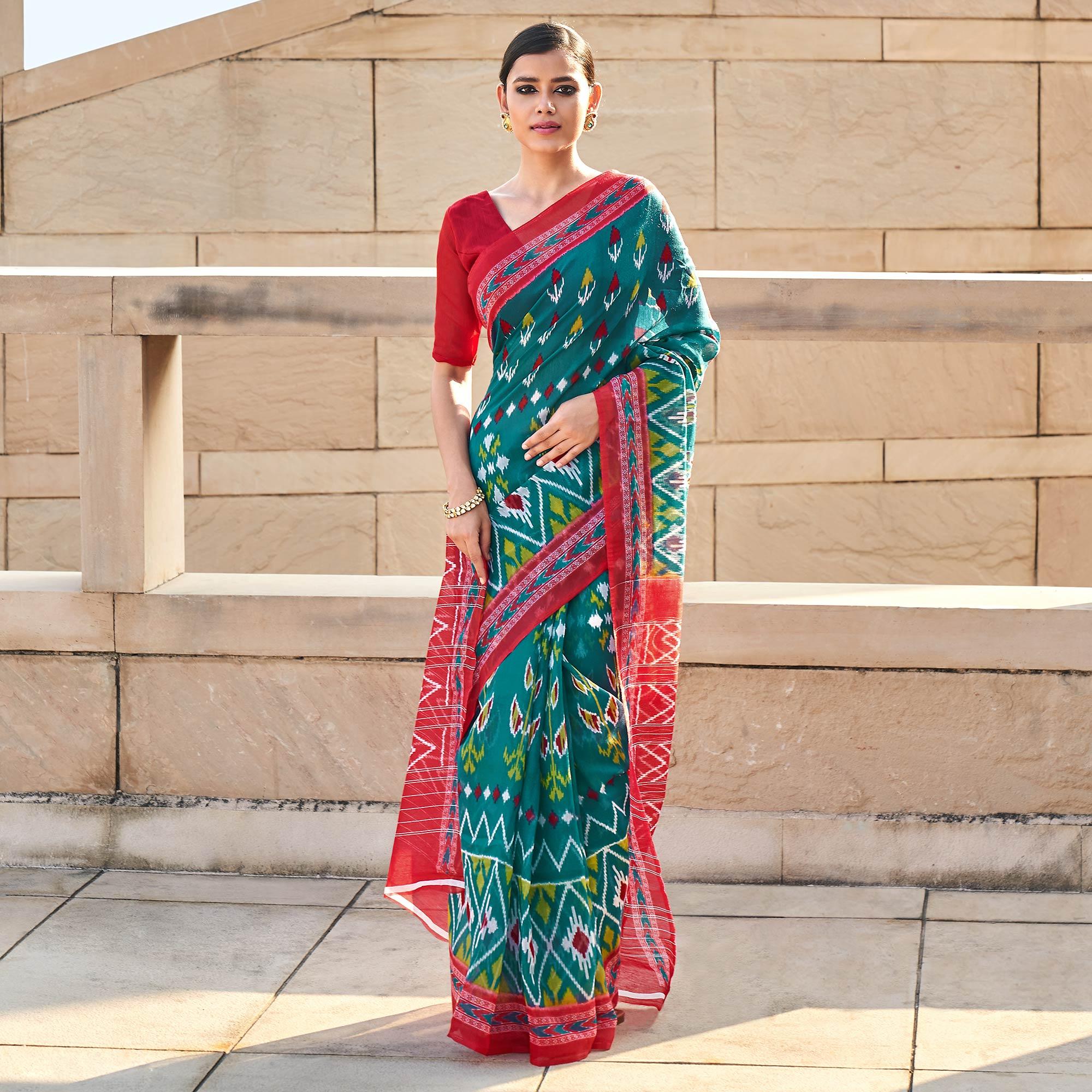 Turquoise Printed Poly Cotton Saree - Peachmode