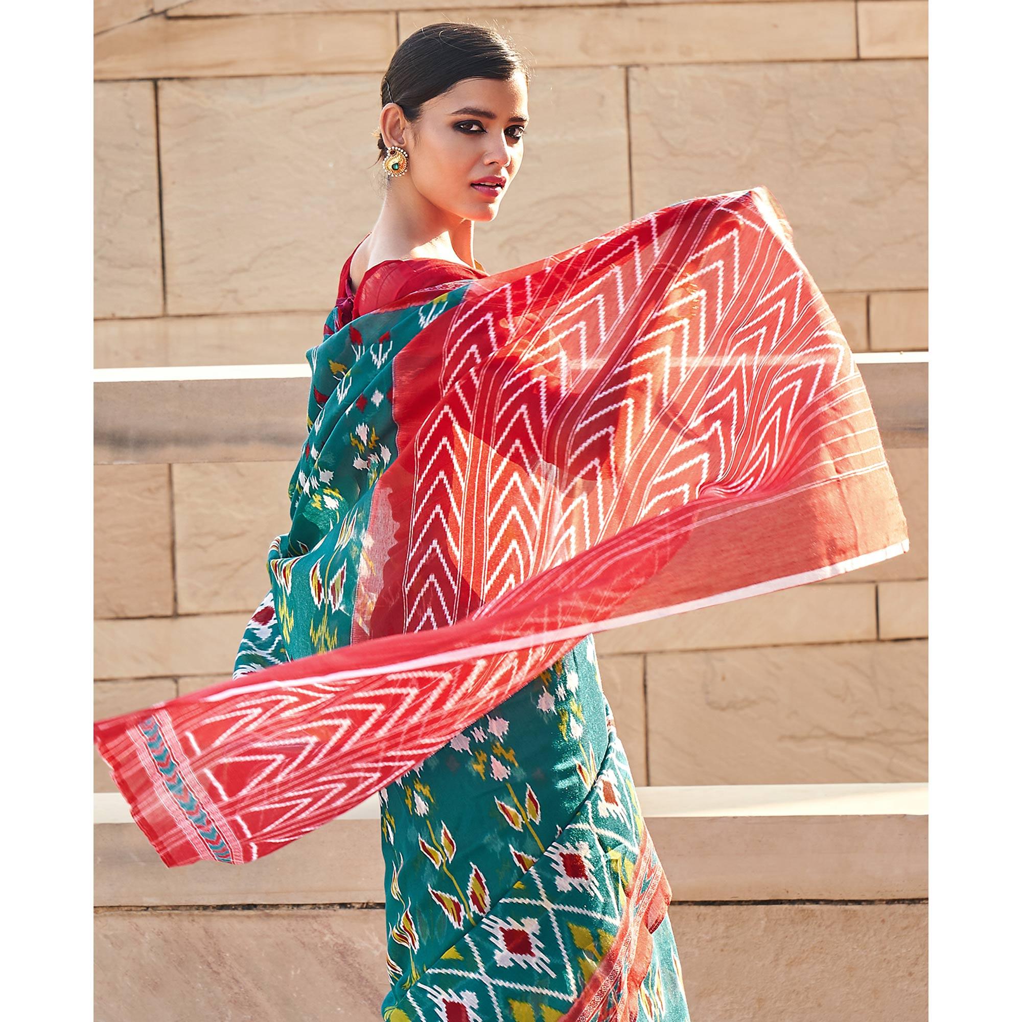 Turquoise Printed Poly Cotton Saree - Peachmode