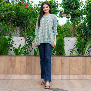 Turquoise Printed Poly Cotton Top - Peachmode