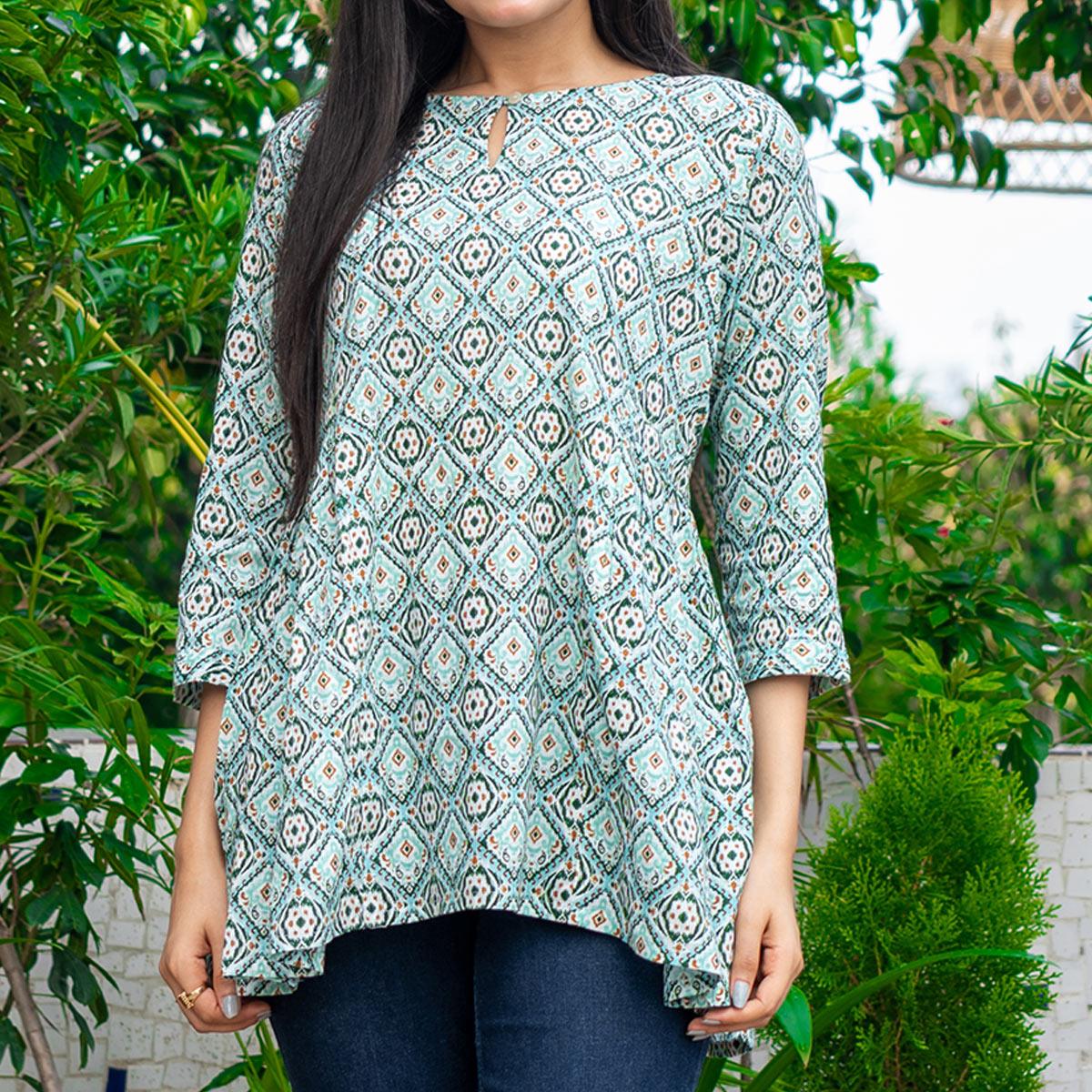 Turquoise Printed Poly Cotton Top - Peachmode