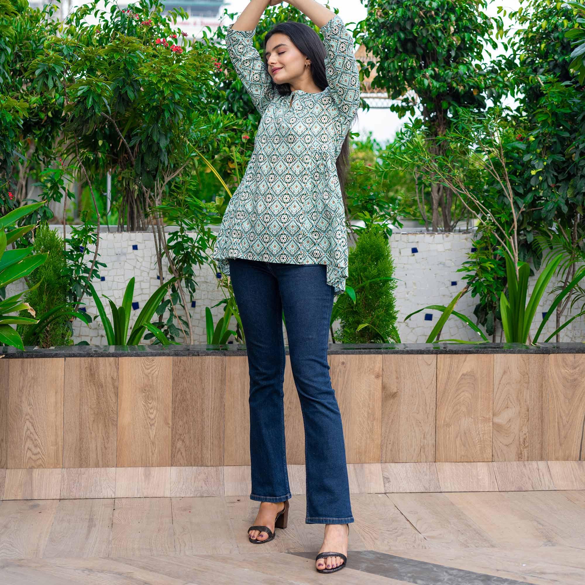 Turquoise Printed Poly Cotton Top - Peachmode
