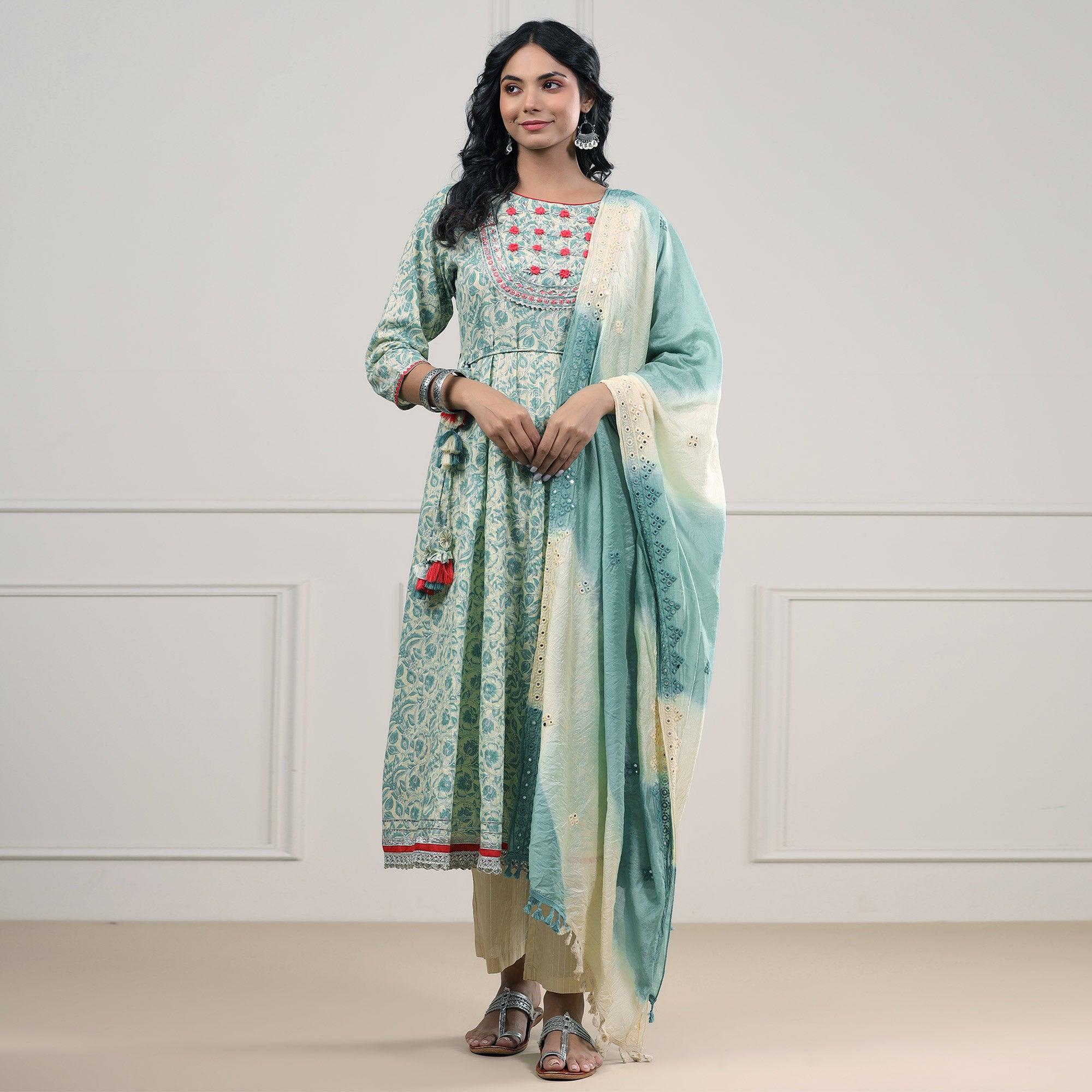 Turquoise Printed Pure Cotton Anarkali Suit - Peachmode