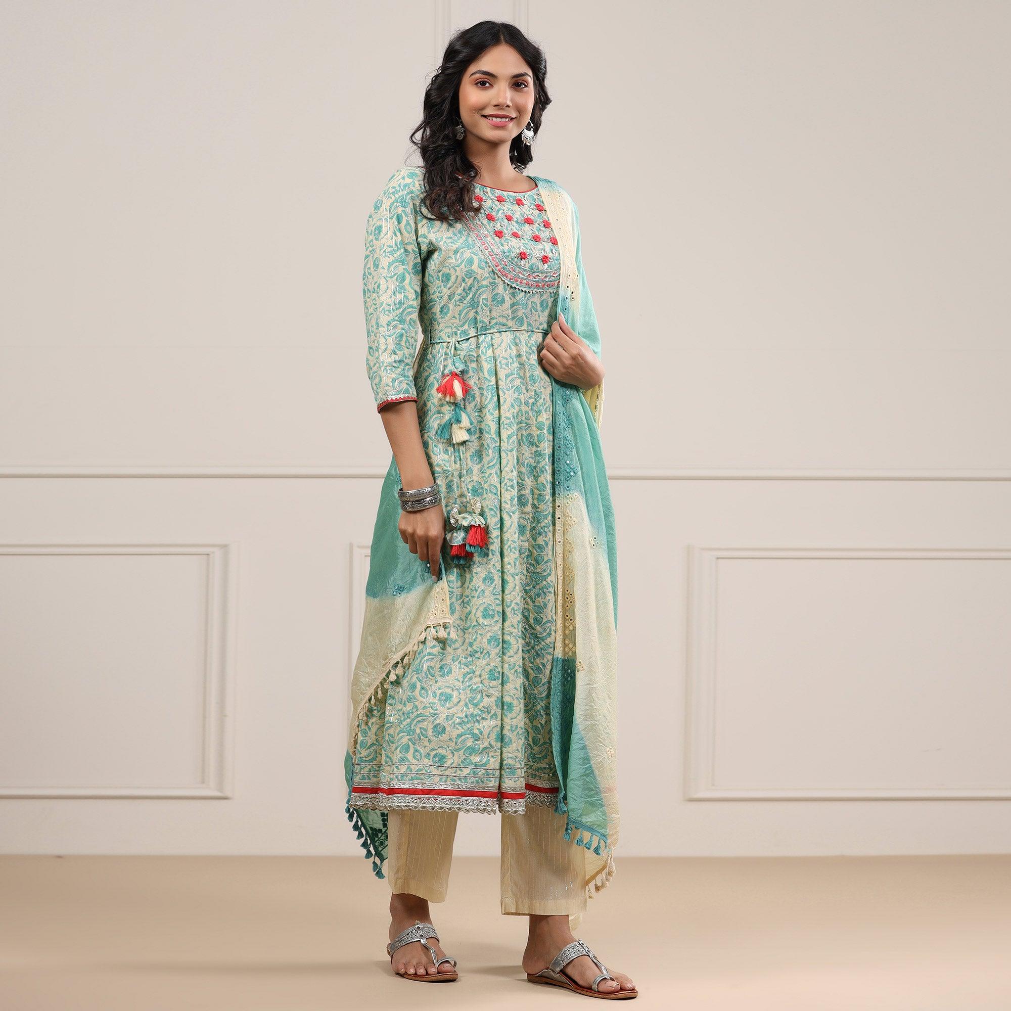 Turquoise Printed Pure Cotton Anarkali Suit - Peachmode