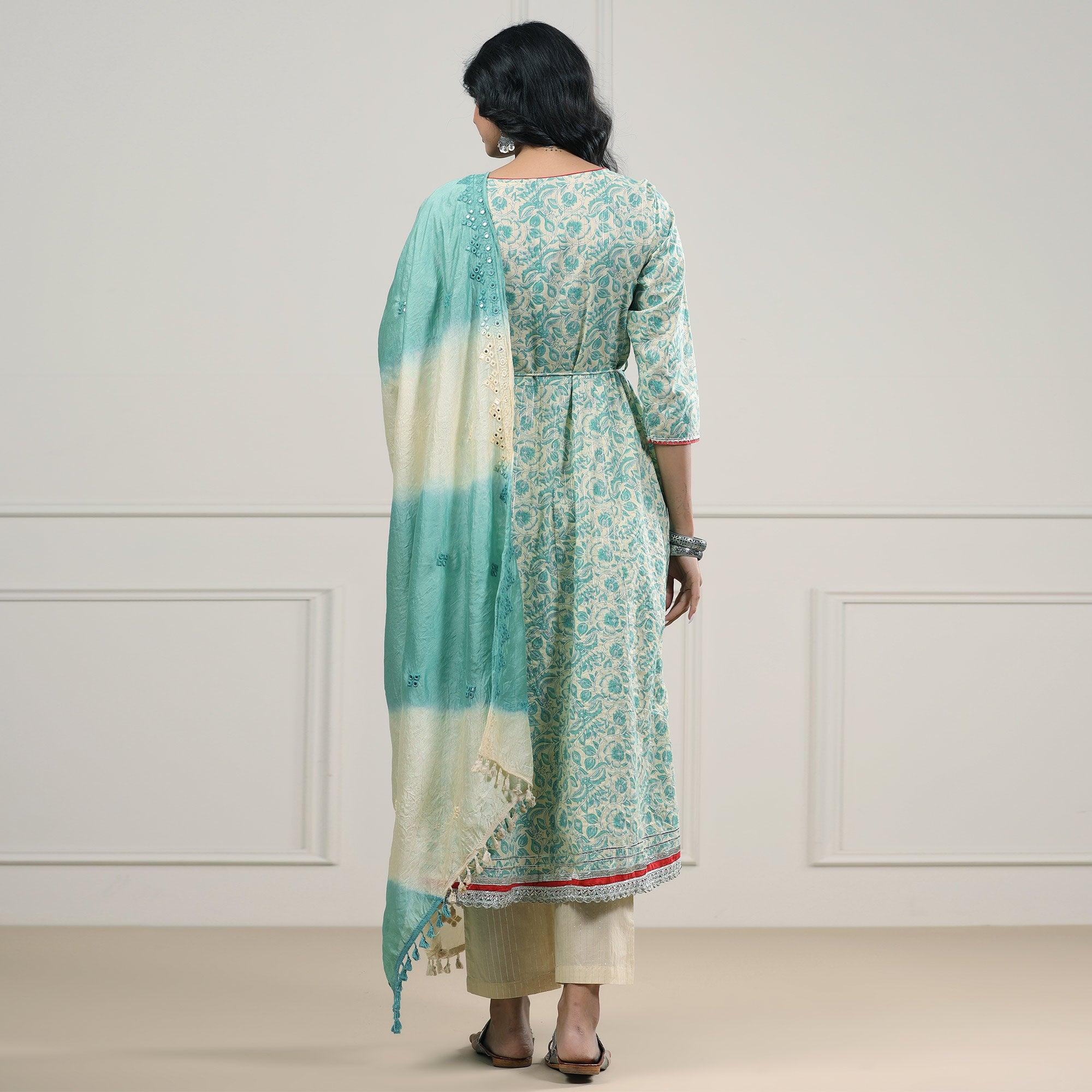 Turquoise Printed Pure Cotton Anarkali Suit - Peachmode