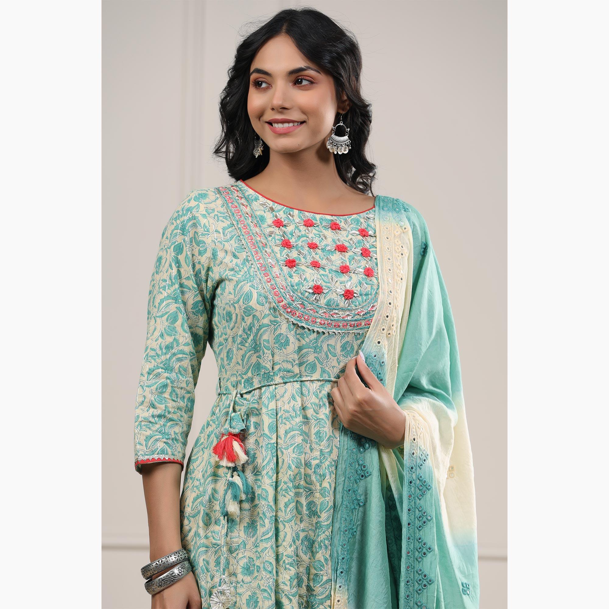 Turquoise Printed Pure Cotton Anarkali Suit - Peachmode