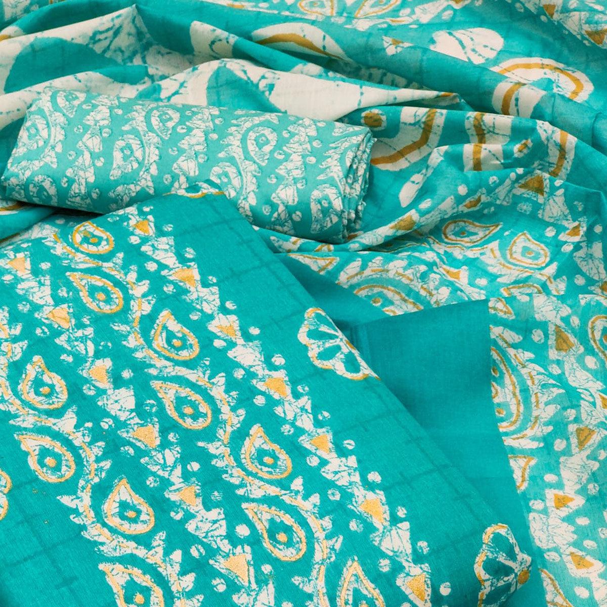 Turquoise Printed Pure Cotton Dress Material - Peachmode