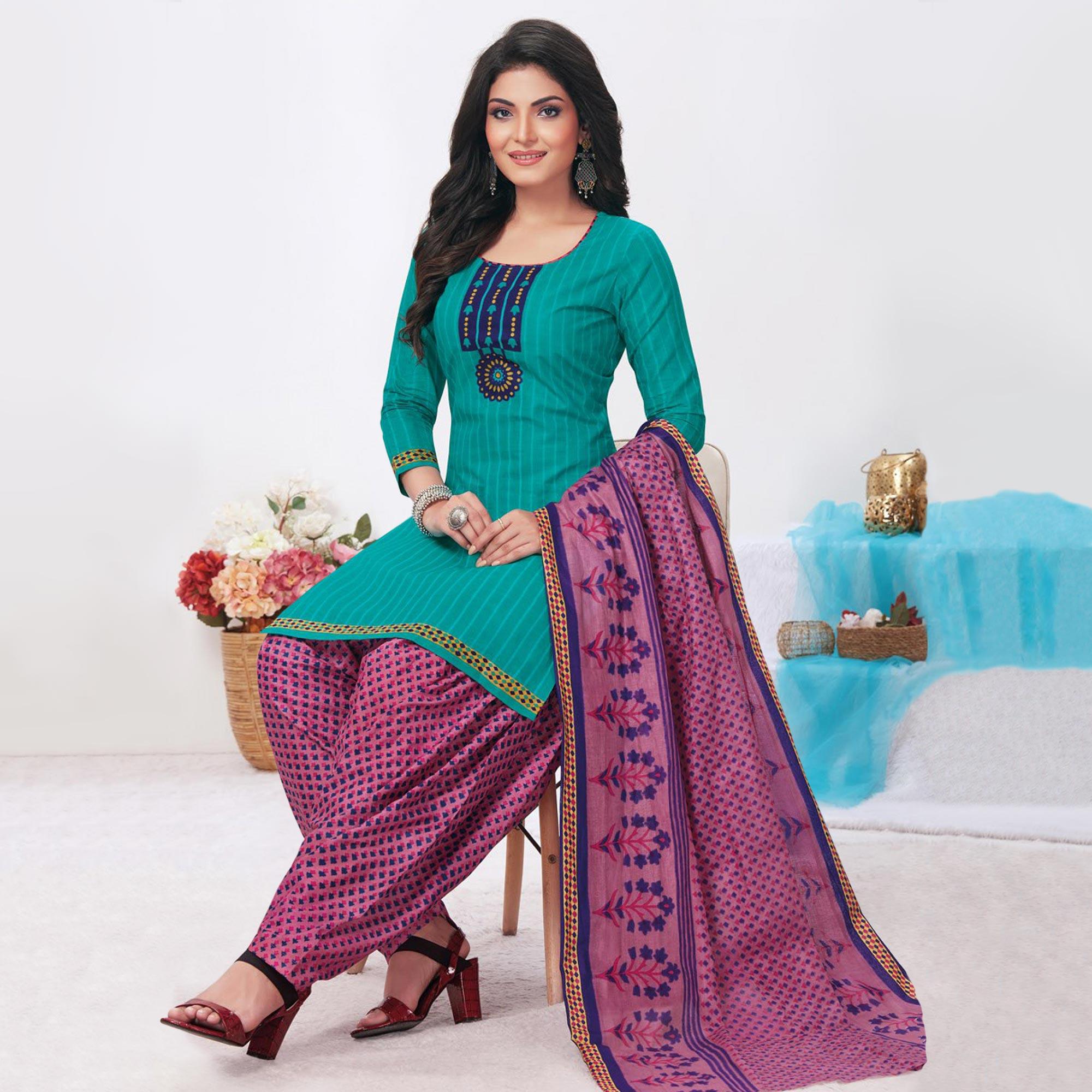 Turquoise Printed Pure Cotton Patiala Dress Material - Peachmode