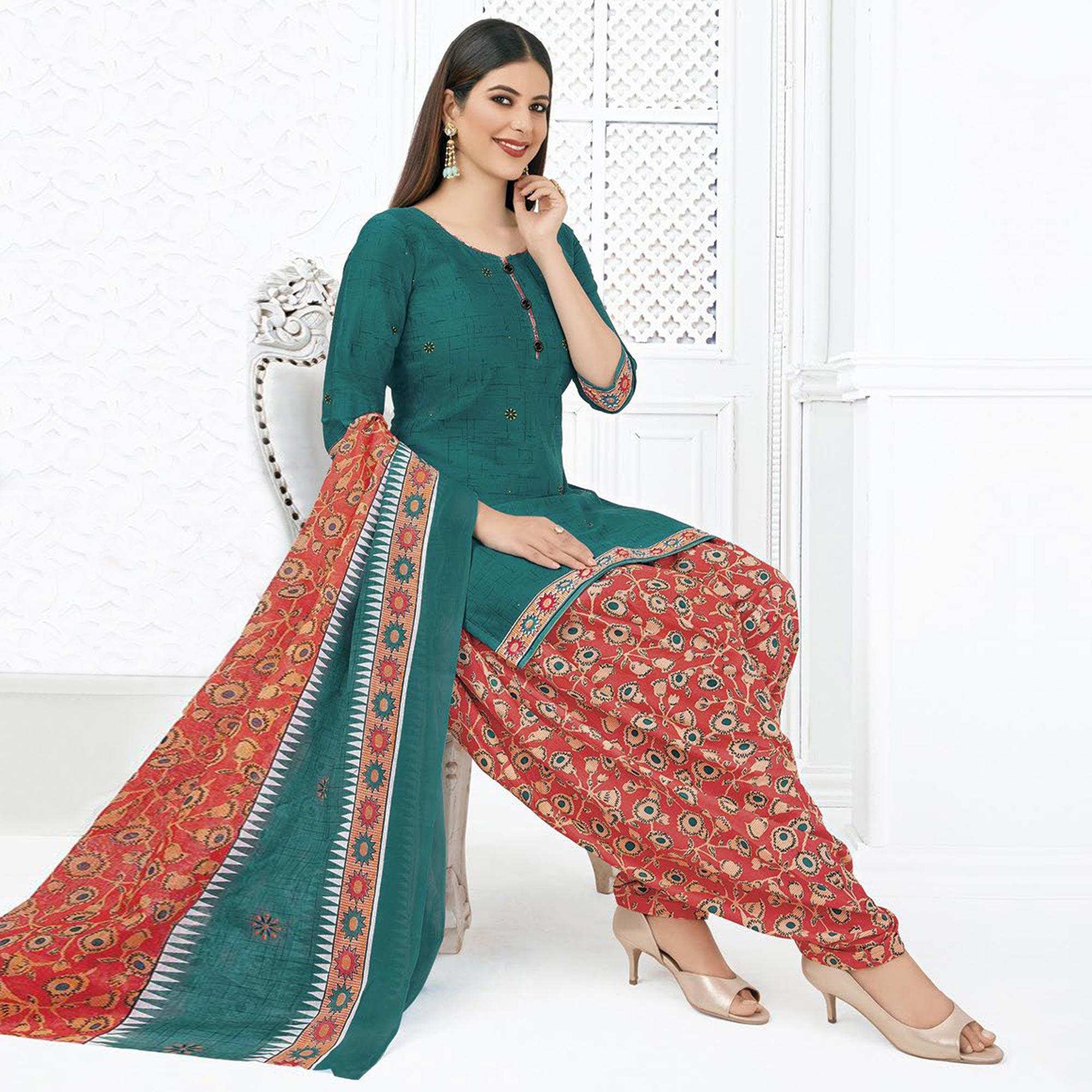 Turquoise Printed Pure Cotton Stitched Patiala Suit - Peachmode