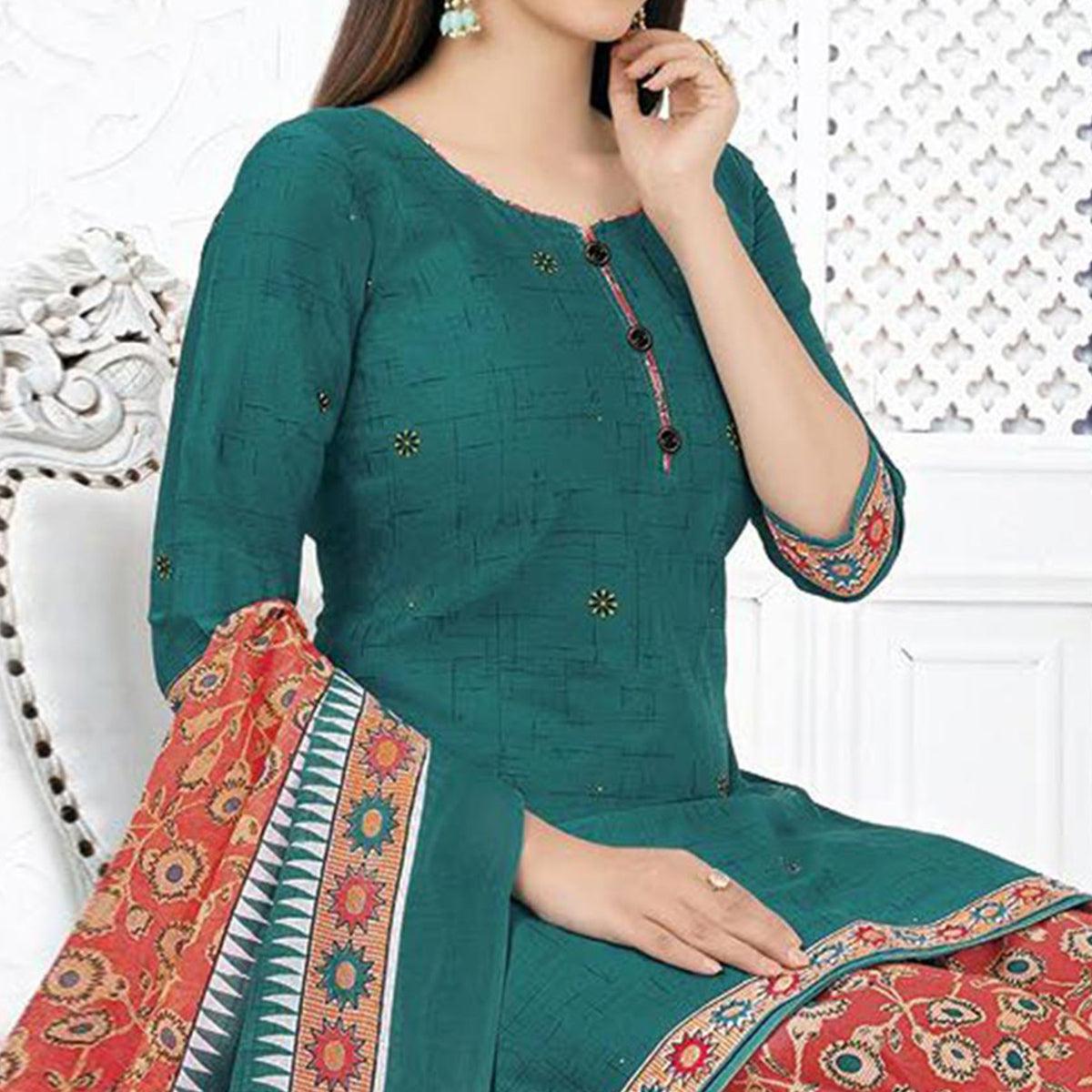Turquoise Printed Pure Cotton Stitched Patiala Suit - Peachmode