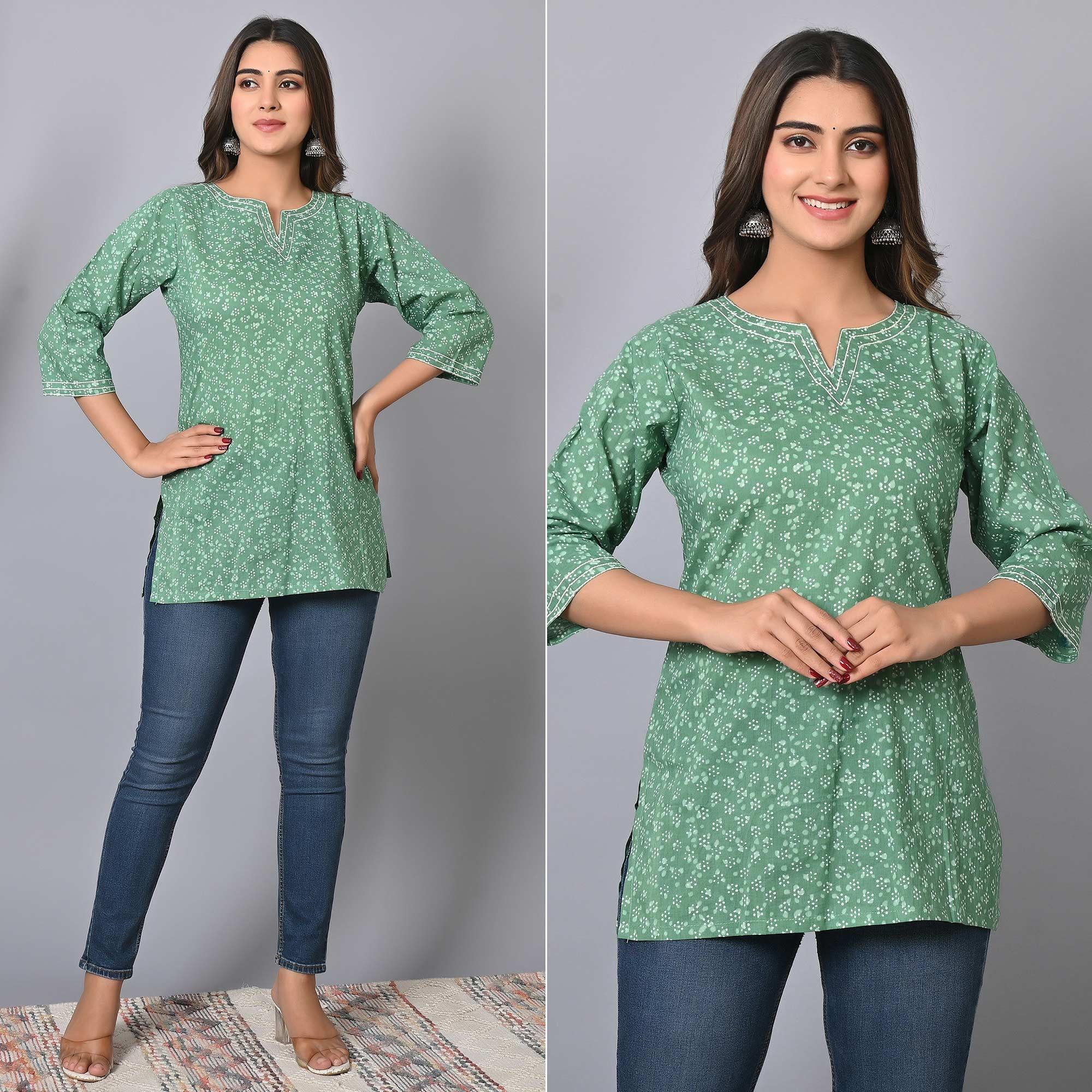Turquoise Printed Pure Cotton Top - Peachmode
