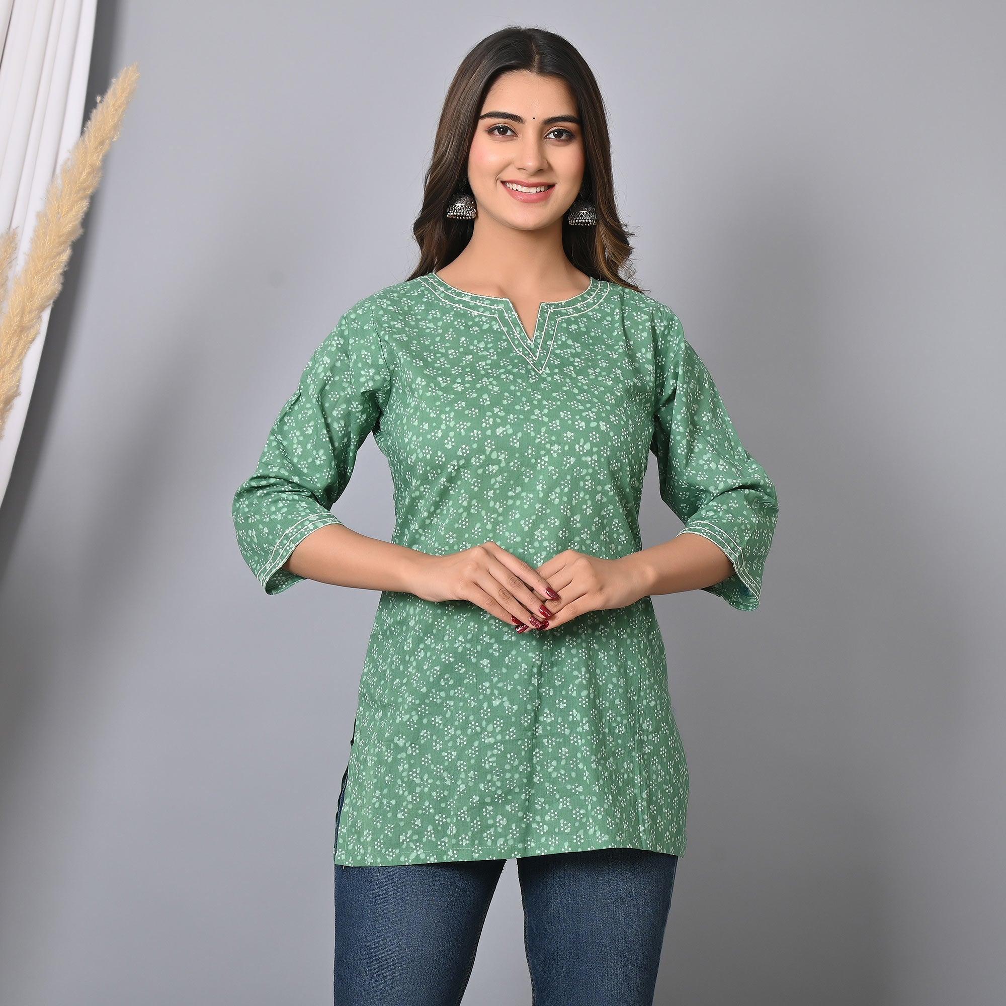 Turquoise Printed Pure Cotton Top - Peachmode