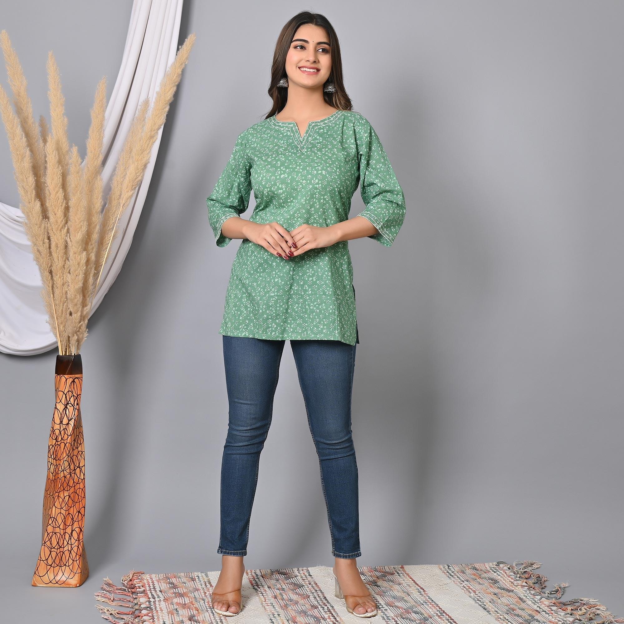 Turquoise Printed Pure Cotton Top - Peachmode
