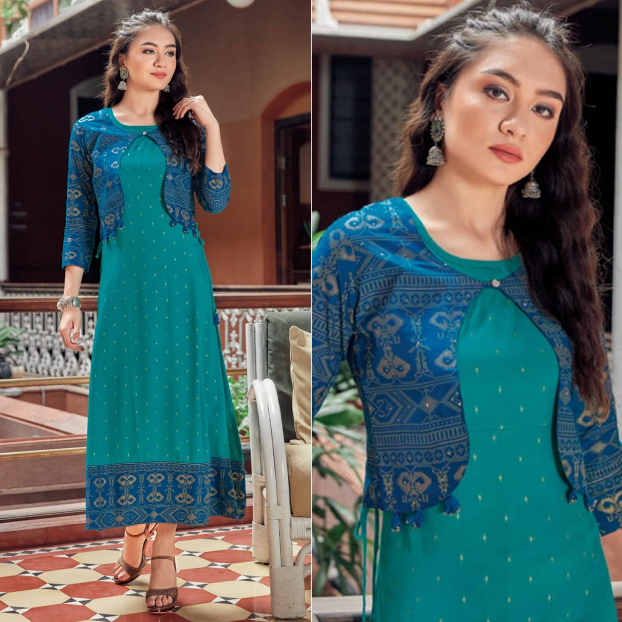 Turquoise Printed Rayon Anarkali Kurti - Peachmode