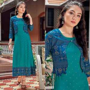 Turquoise Printed Rayon Anarkali Kurti - Peachmode