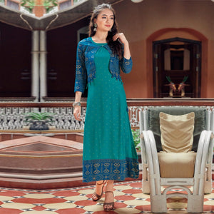 Turquoise Printed Rayon Anarkali Kurti - Peachmode