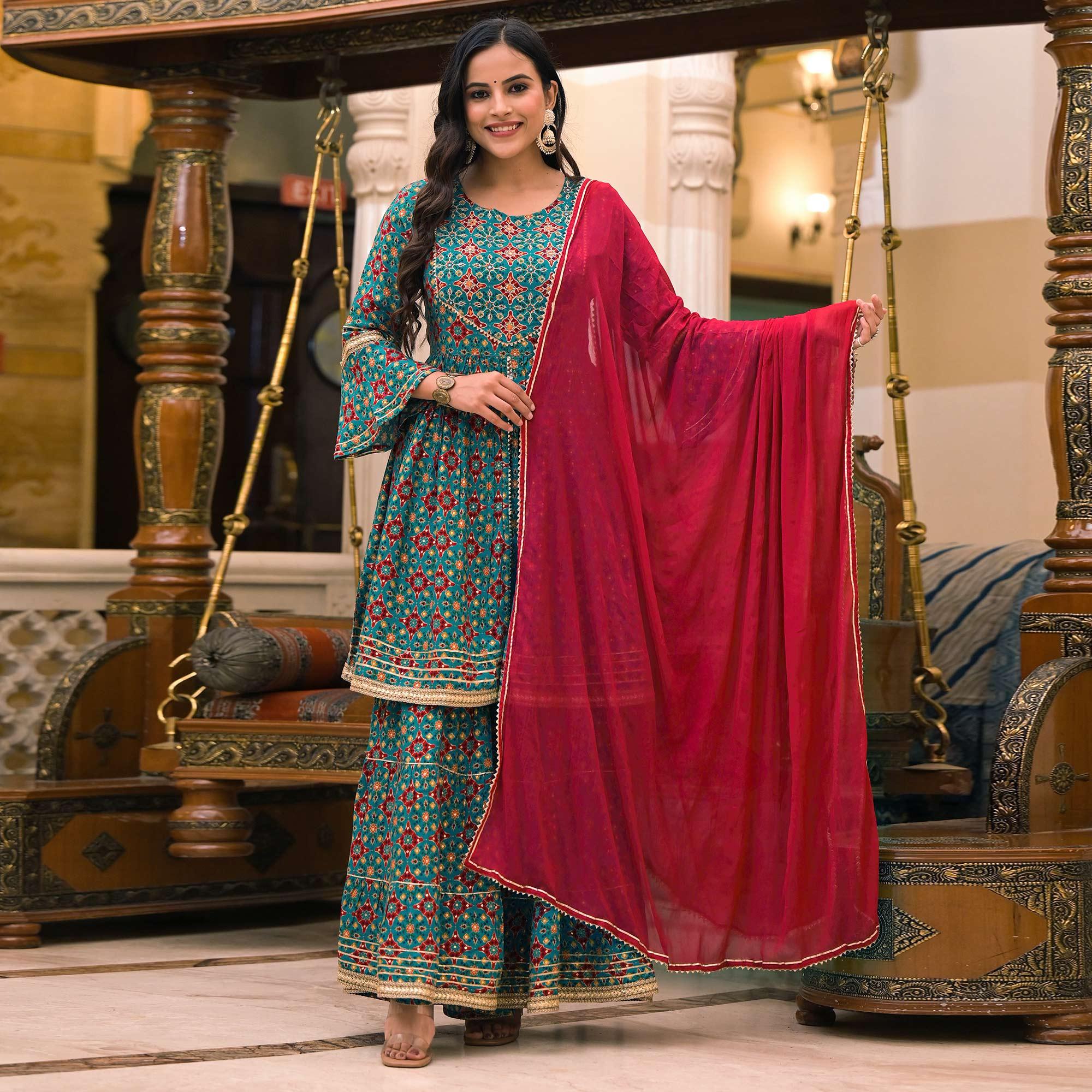 Turquoise Printed Rayon Sharara Suit - Peachmode