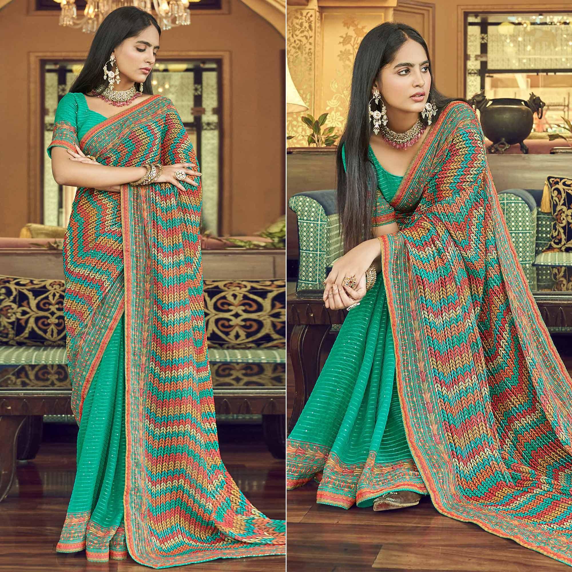 Turquoise Printed With Embellished Georgette Half and Half Saree - Peachmode