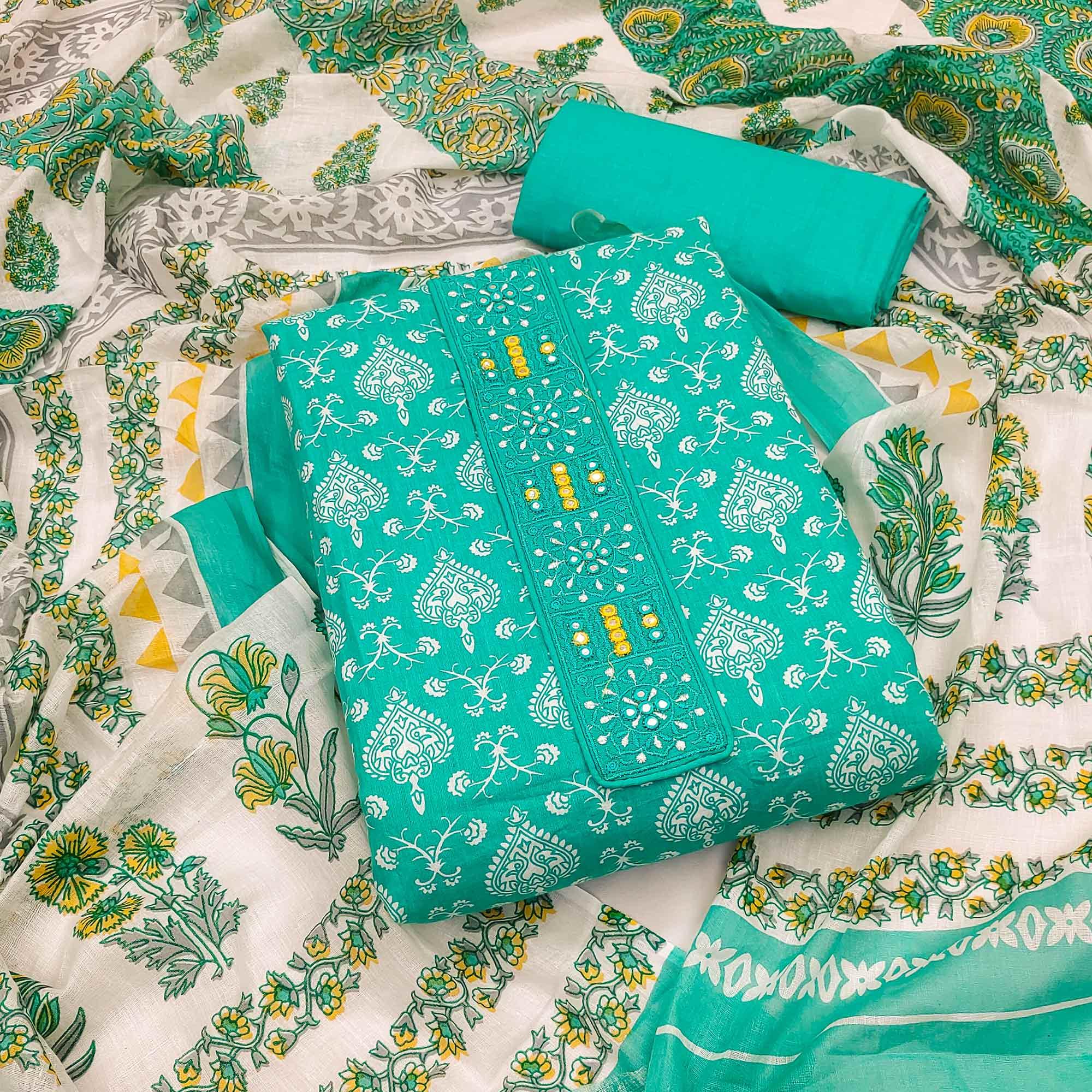 Turquoise Printed With Embroidered Cotton Blend Dress Material - Peachmode