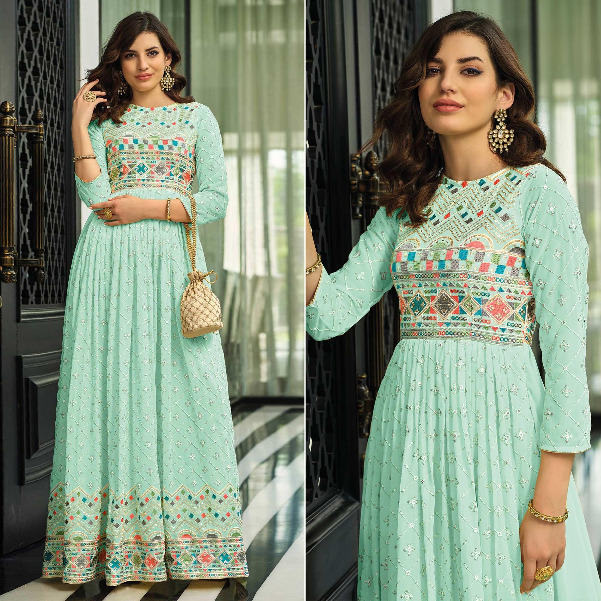 Turquoise Sequence Embroidered Georgette Gown - Peachmode