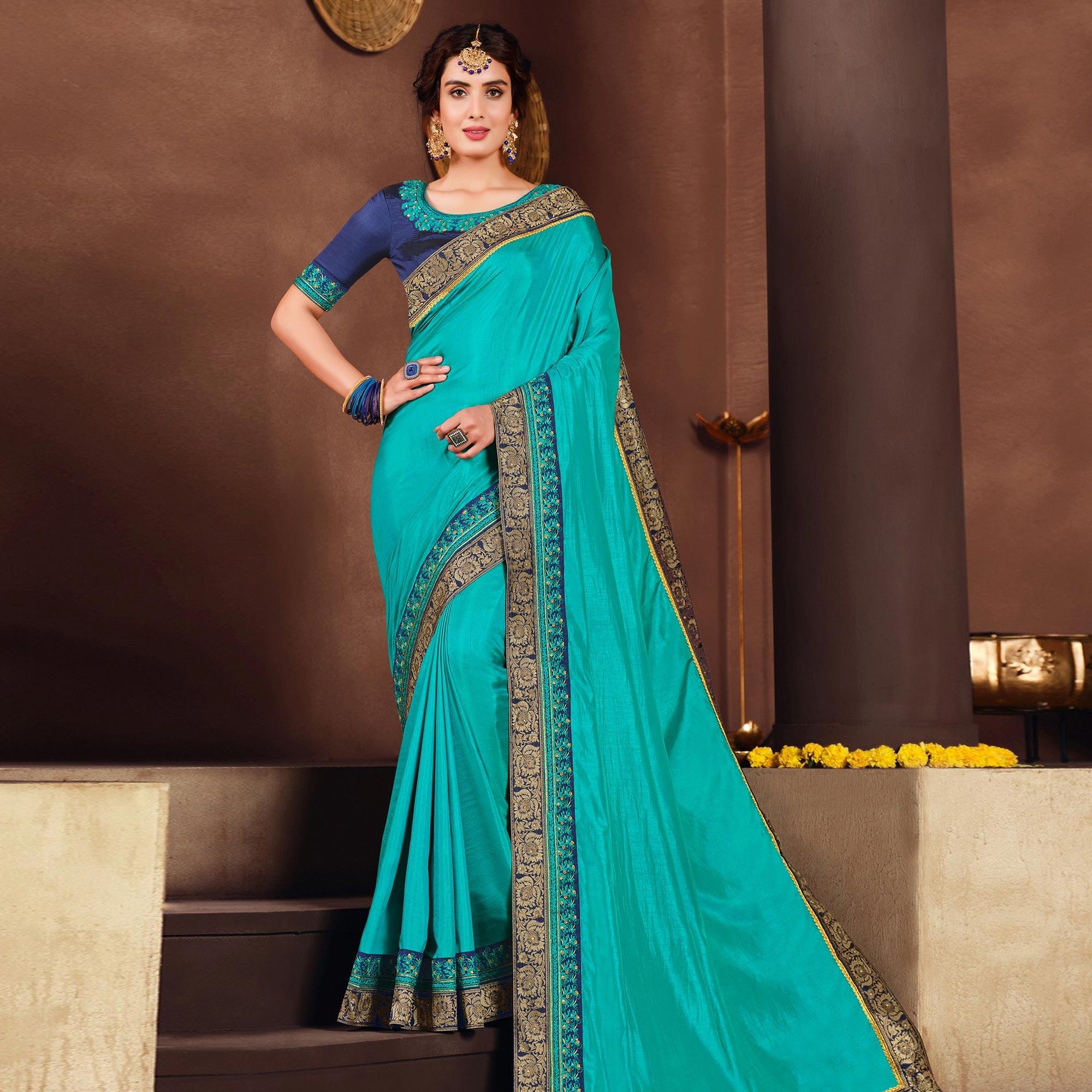 Turquoise Solid Art Silk Saree - Peachmode