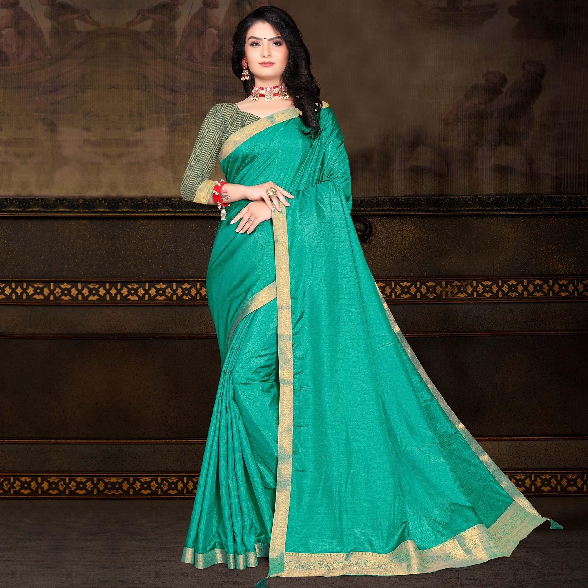 Turquoise Solid Vichitra Silk Saree - Peachmode