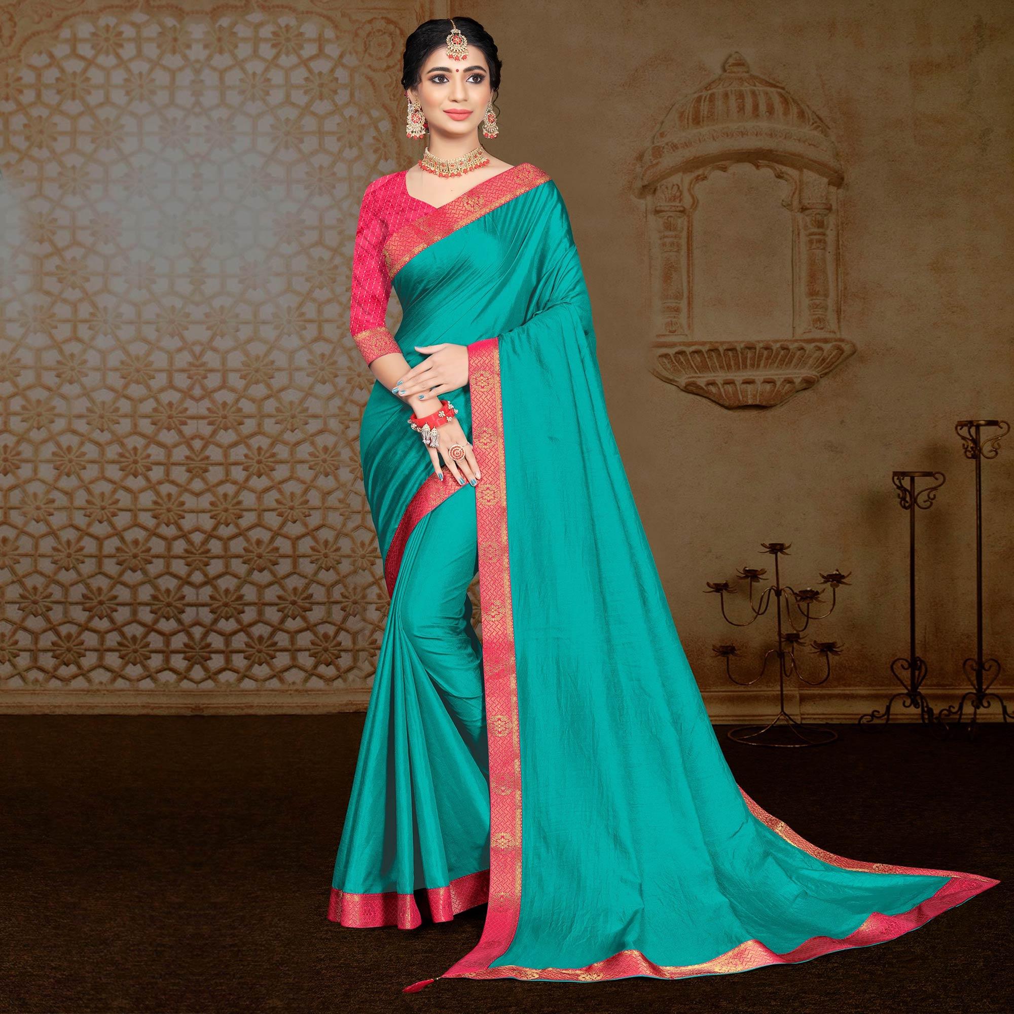 Turquoise Solid Vichitra Silk Saree - Peachmode