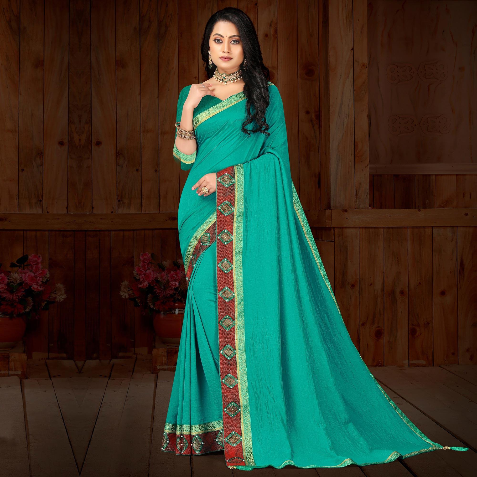 Turquoise Solid Vichitra Silk Saree - Peachmode