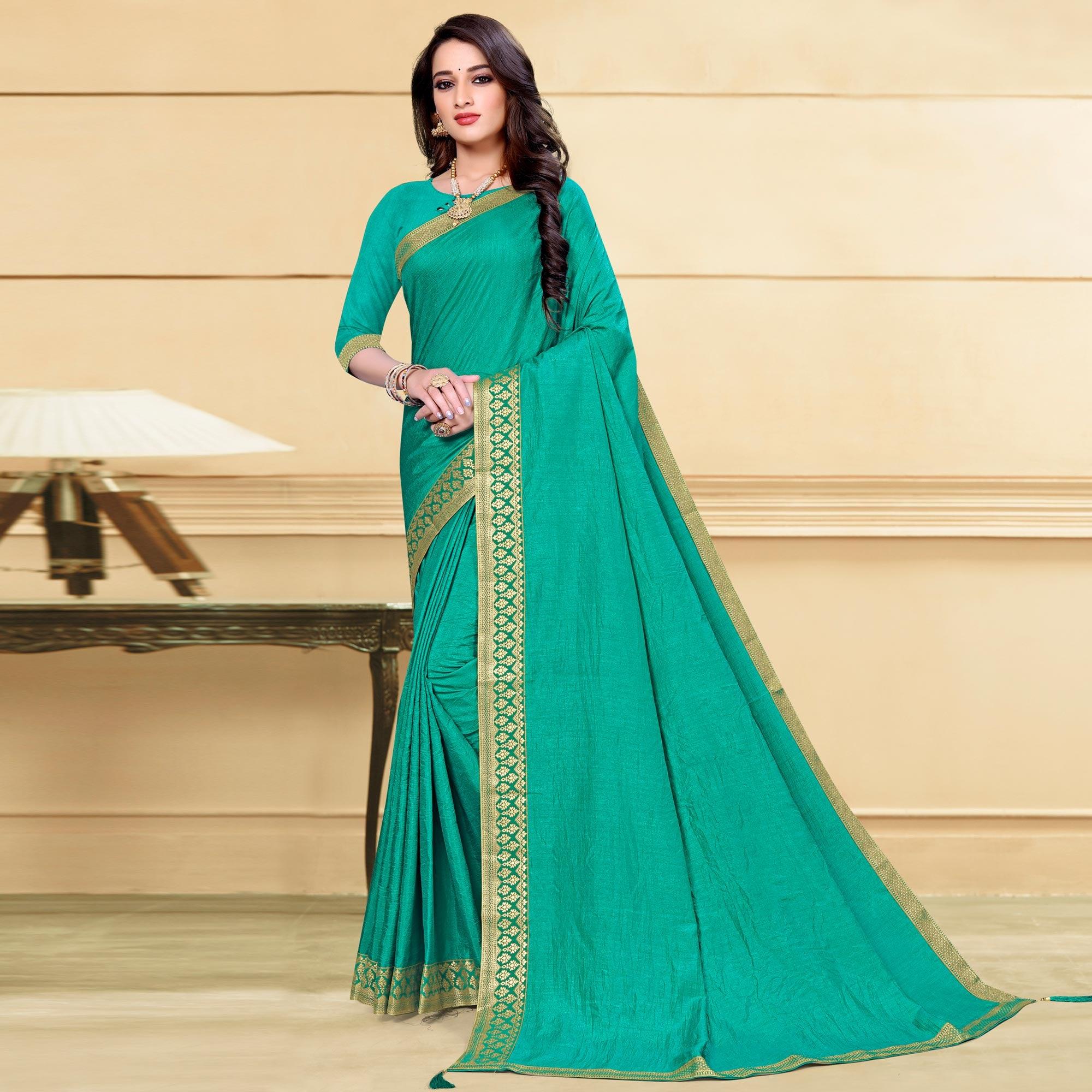 Turquoise Solid Vichitra Silk Saree - Peachmode