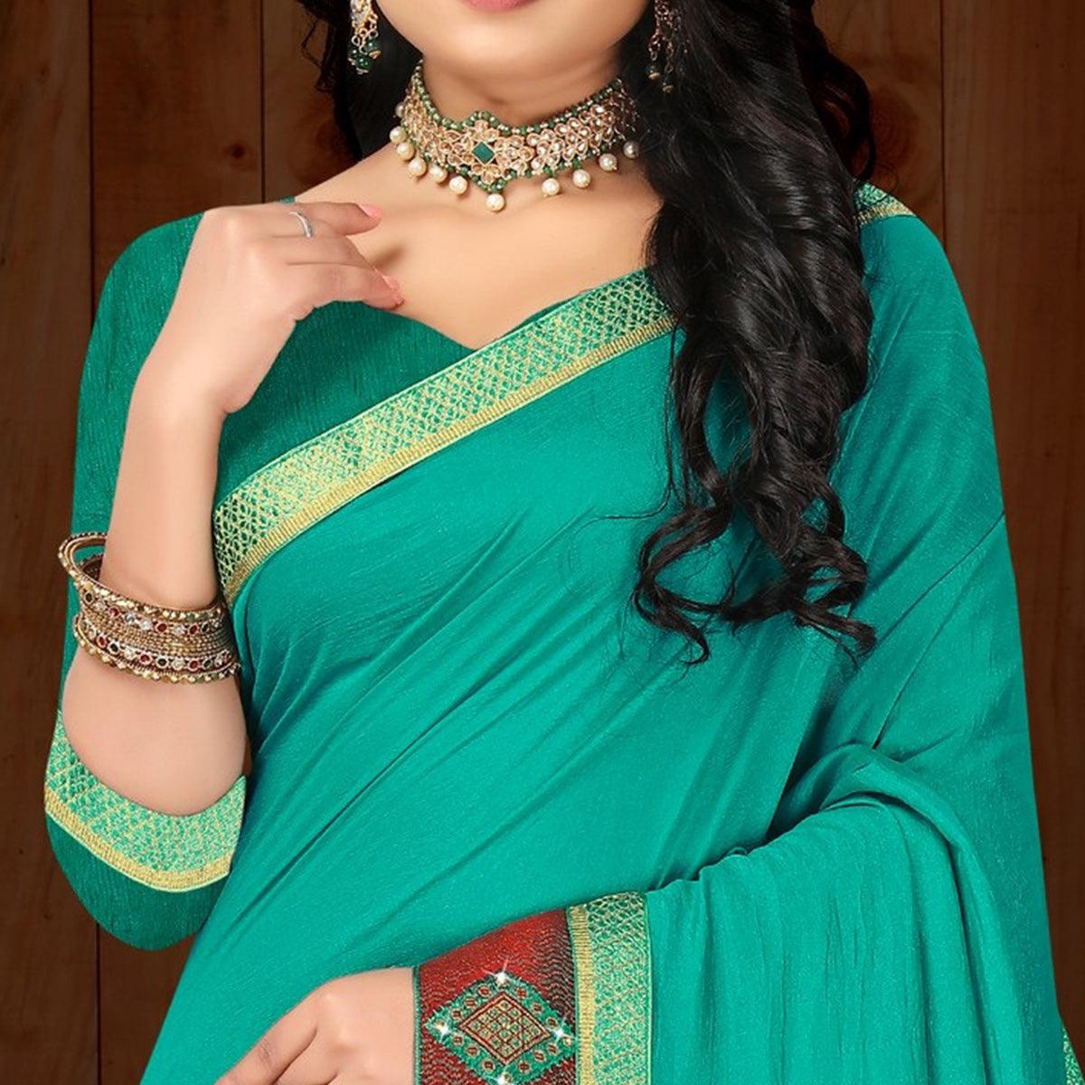 Turquoise Solid Vichitra Silk Saree - Peachmode