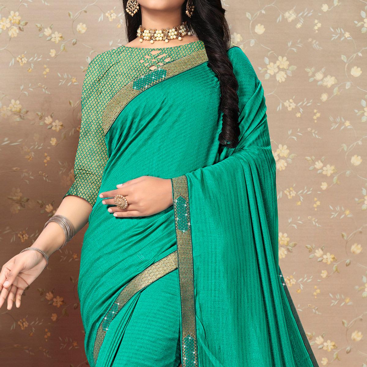 Turquoise Solid Vichitra Silk Saree - Peachmode