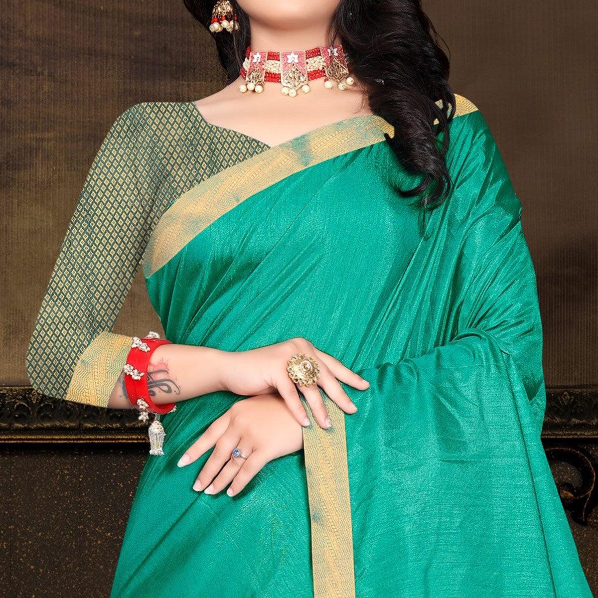 Turquoise Solid Vichitra Silk Saree - Peachmode