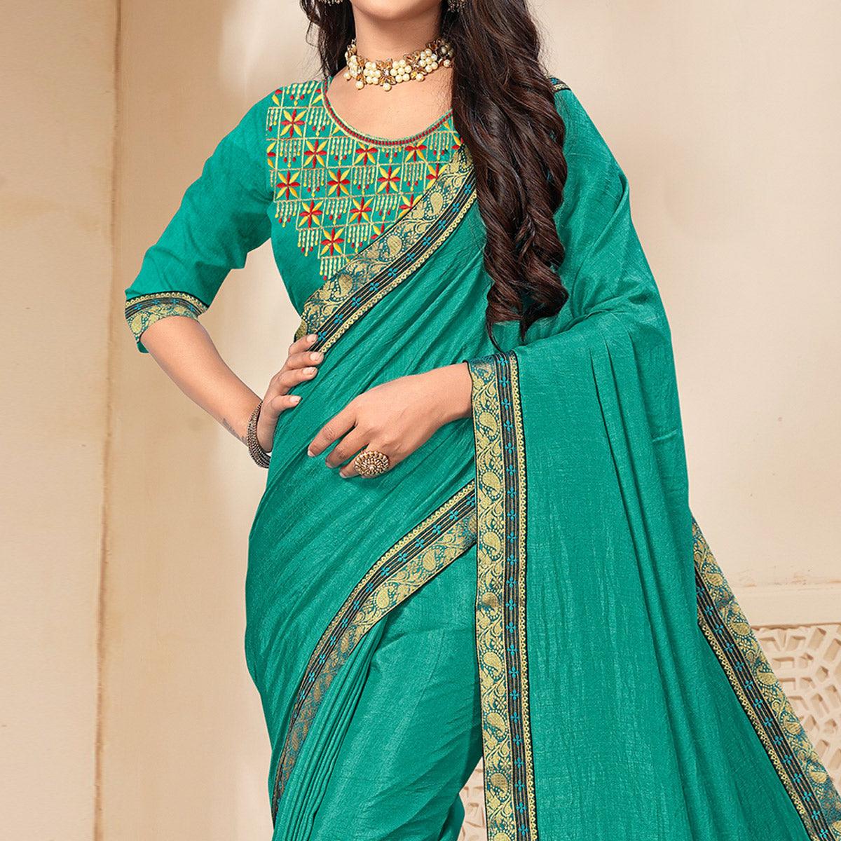 Turquoise Solid Vichitra Silk Saree - Peachmode
