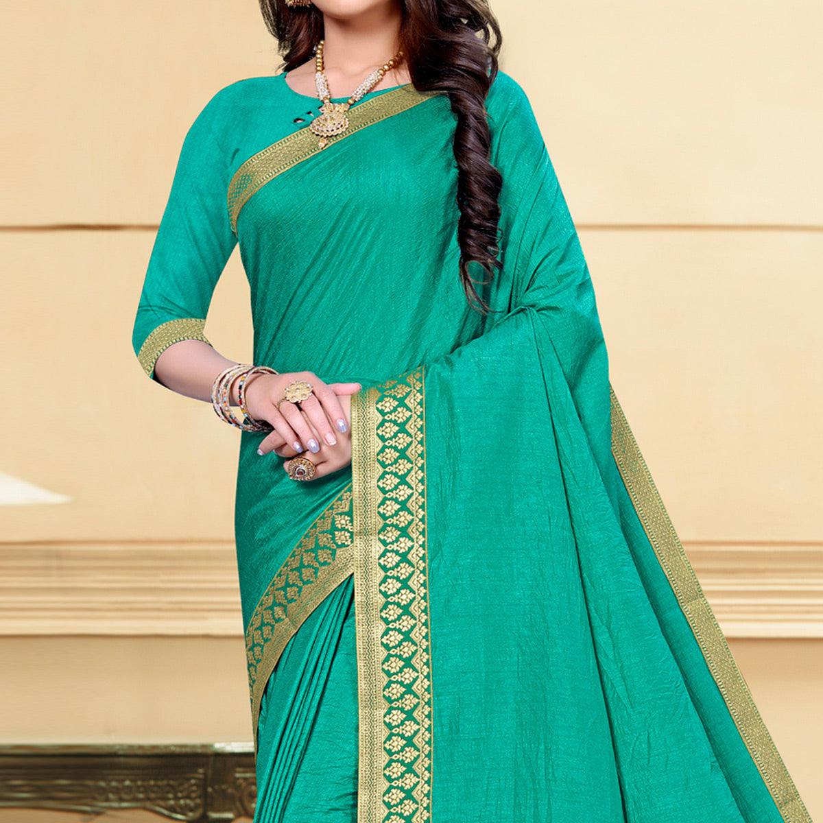 Turquoise Solid Vichitra Silk Saree - Peachmode