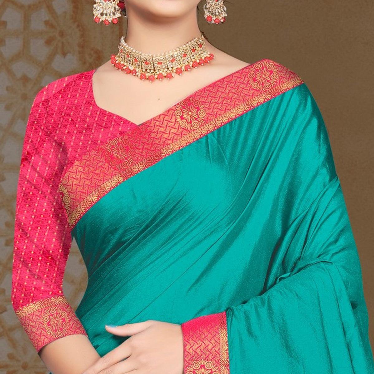 Turquoise Solid Vichitra Silk Saree - Peachmode