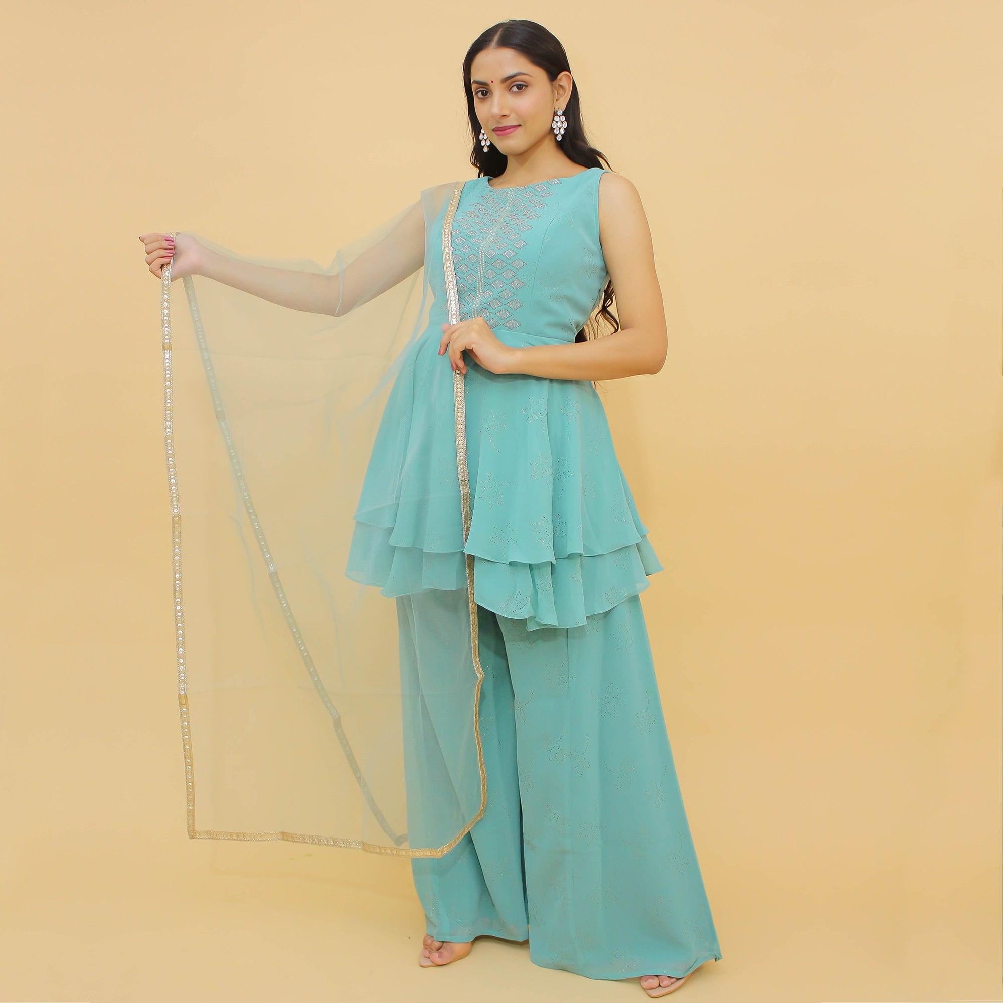 Turquoise Swarovski Work Georgette Sharara Suit - Peachmode