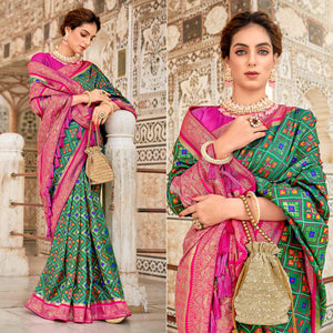 Turquoise Woven Art Silk Patola Saree With Tassels - Peachmode