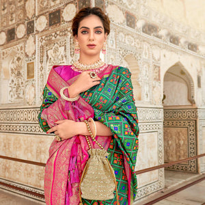Turquoise Woven Art Silk Patola Saree With Tassels - Peachmode