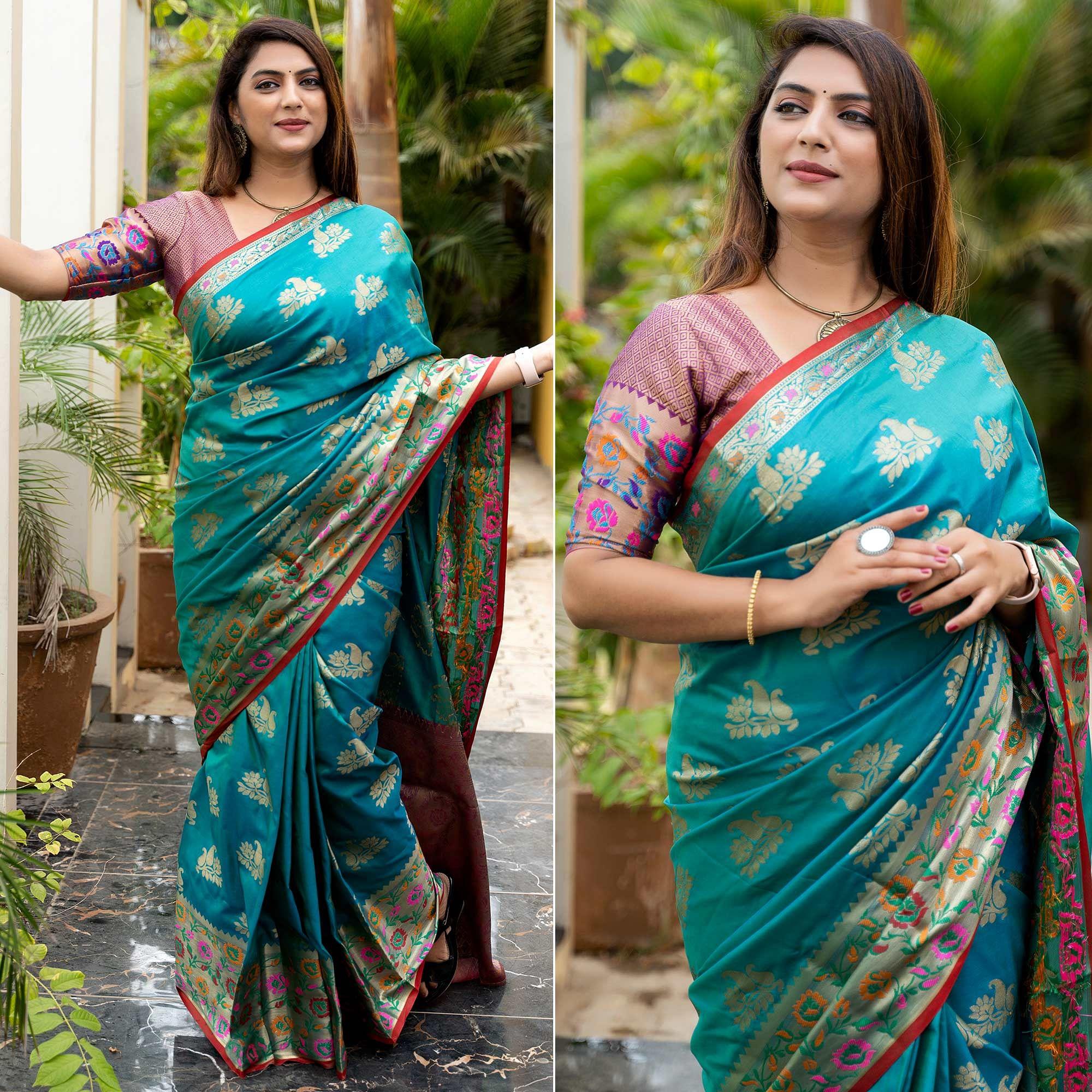 Turquoise Woven Art Silk Saree - Peachmode