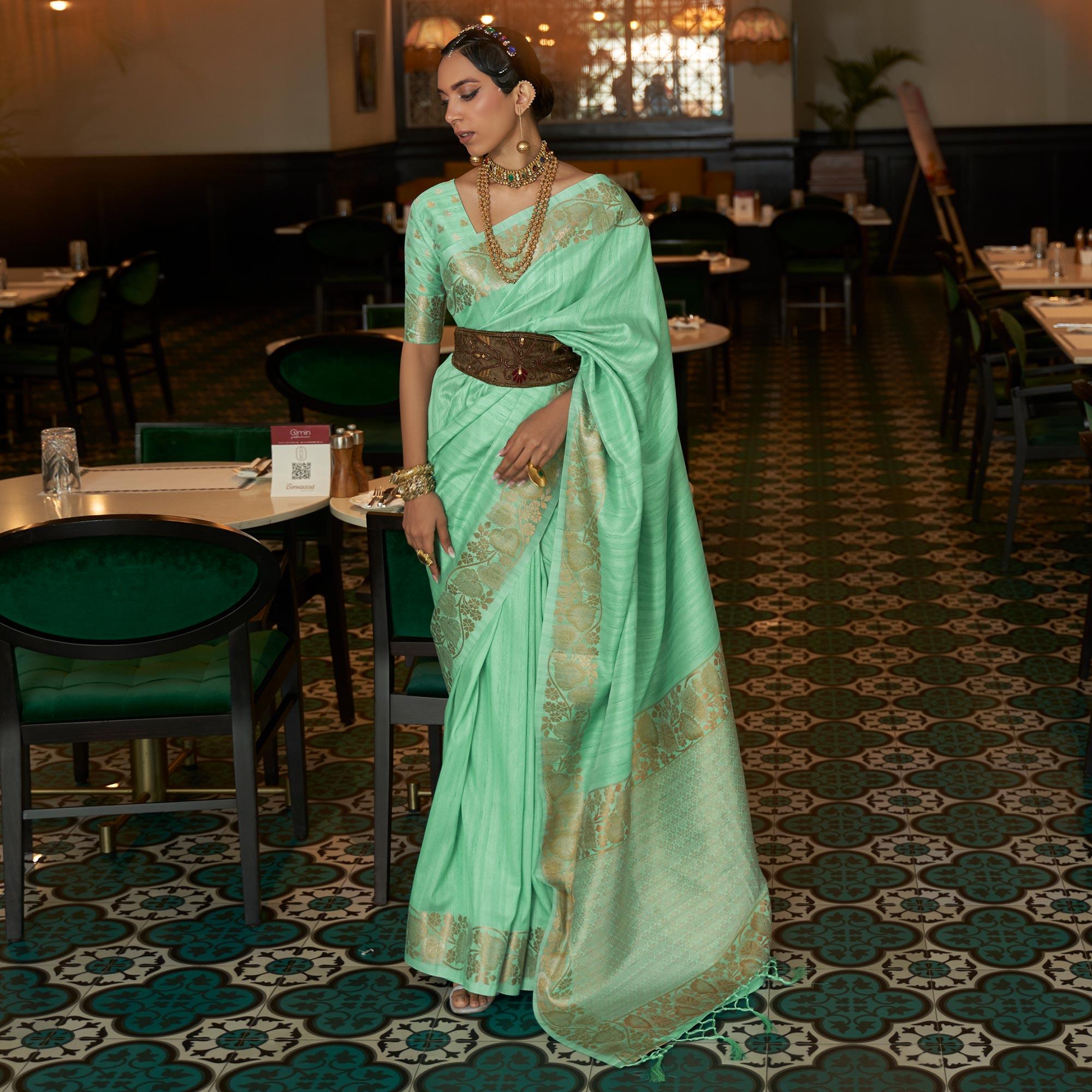 Turquoise Woven Art Silk Saree - Peachmode