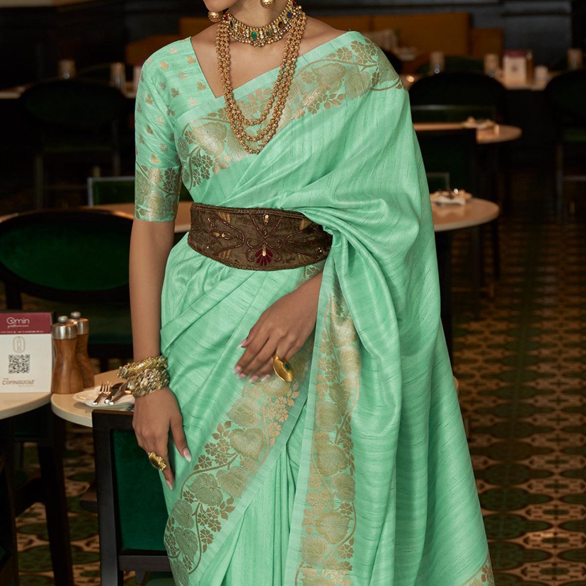 Turquoise Woven Art Silk Saree - Peachmode