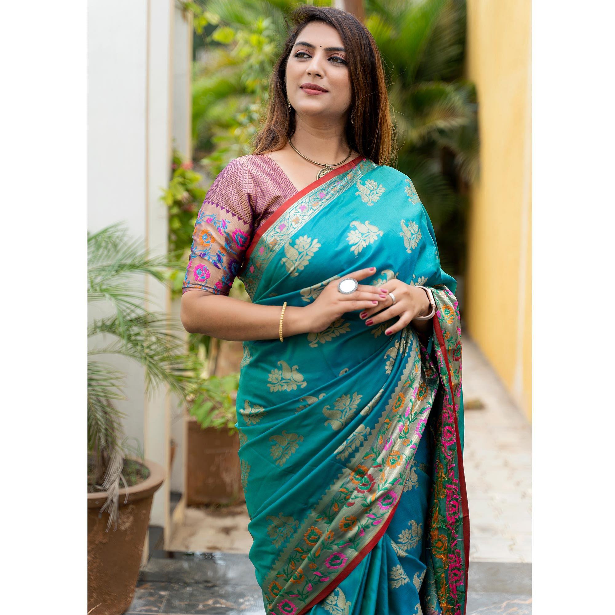 Turquoise Woven Art Silk Saree - Peachmode