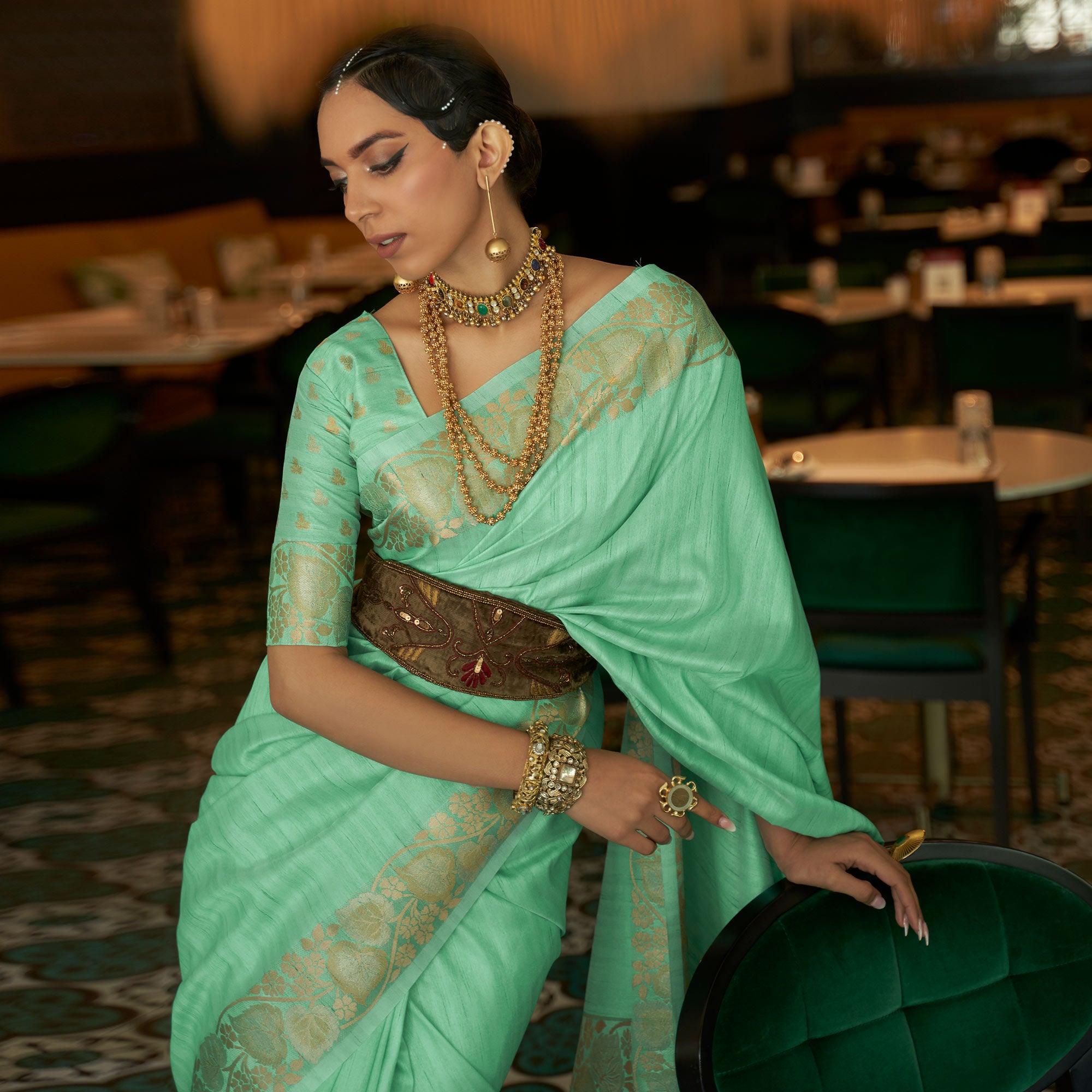 Turquoise Woven Art Silk Saree - Peachmode