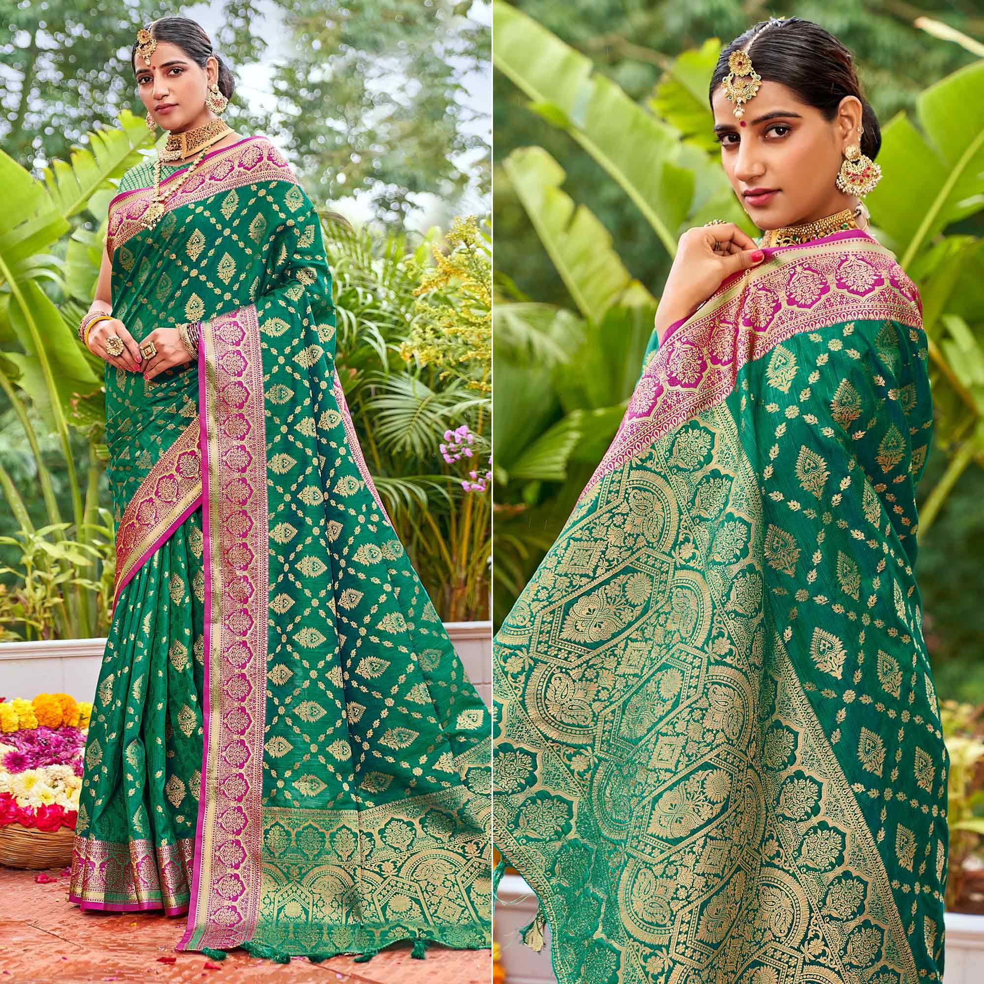 Turquoise Woven Art Silk Saree With Tassels - Peachmode
