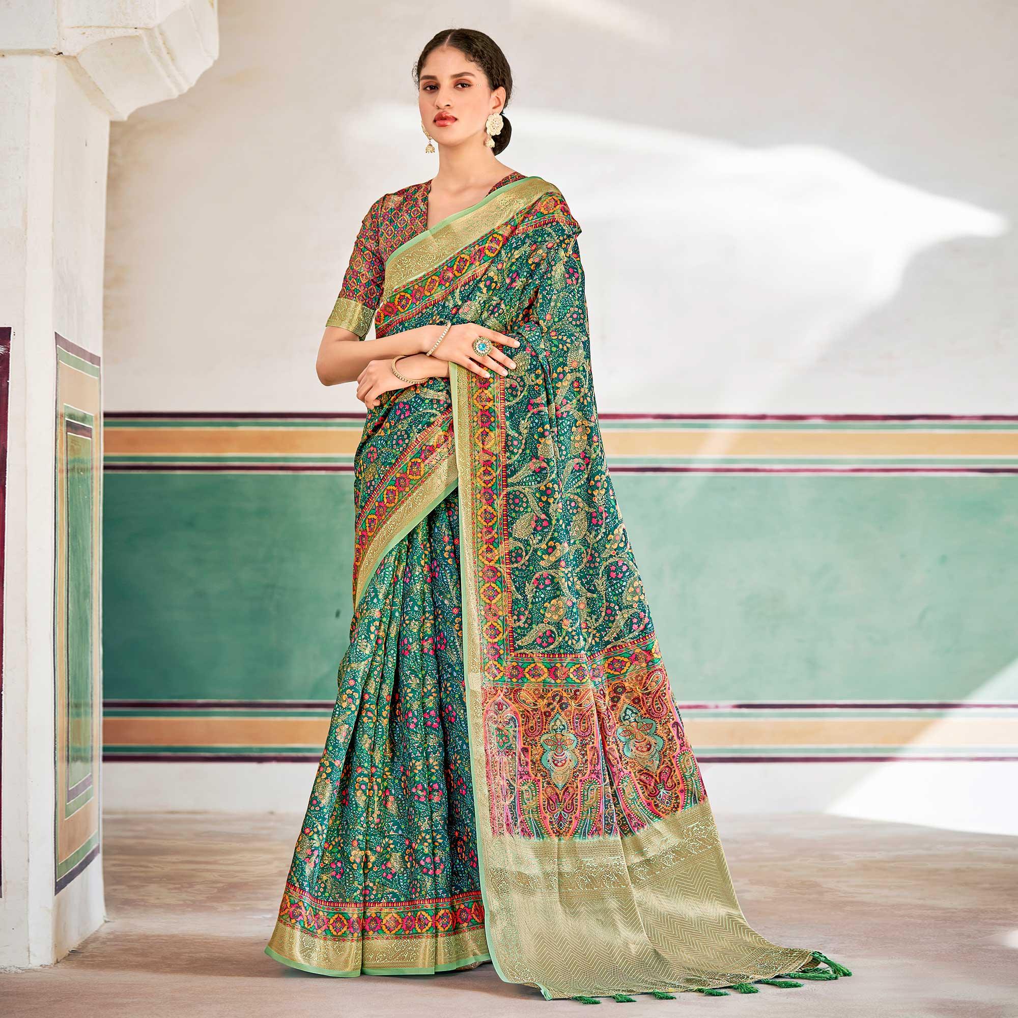 Turquoise Woven Art Silk Saree With Tassels - Peachmode