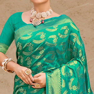 Turquoise Woven Art Silk Saree With Tassels - Peachmode