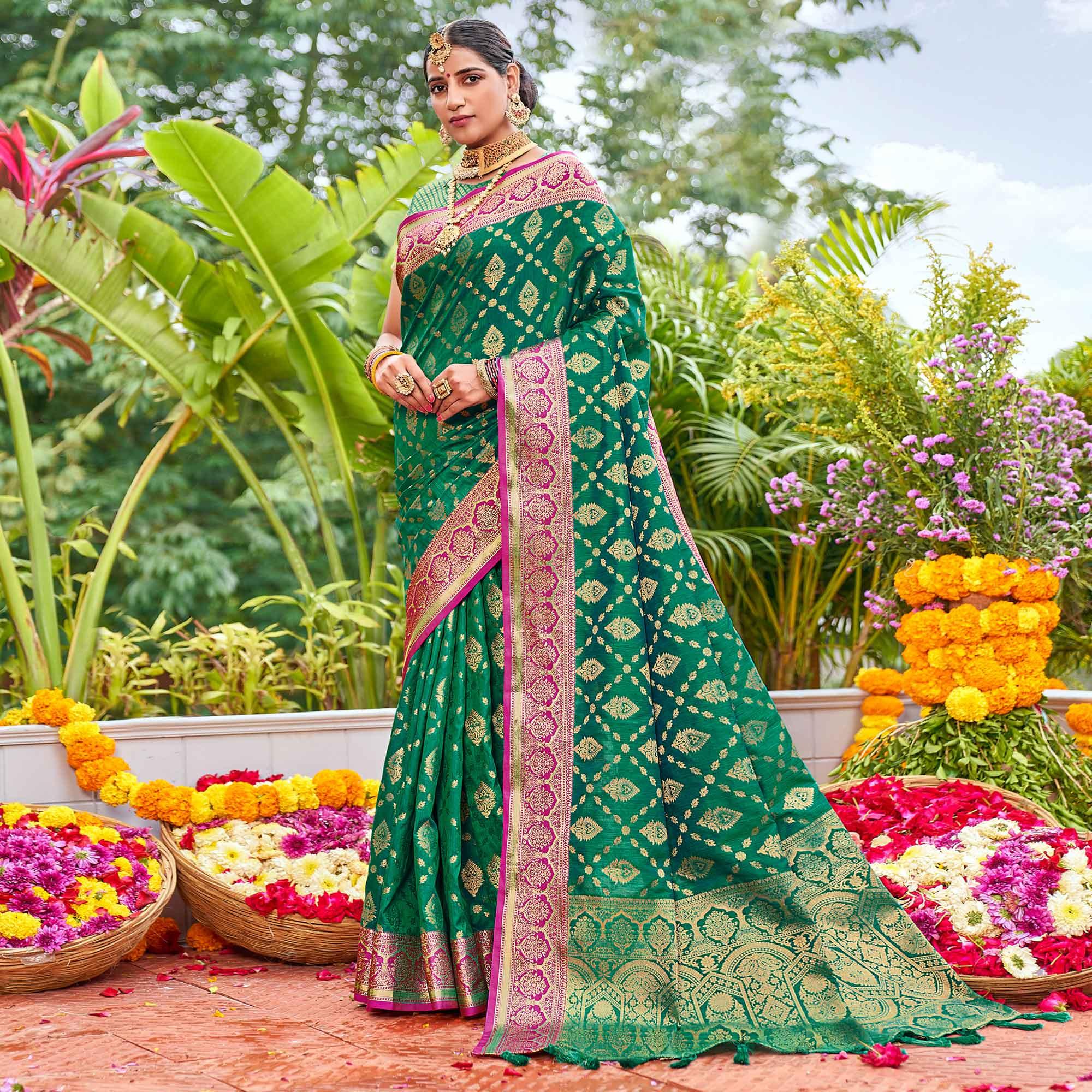 Turquoise Woven Art Silk Saree With Tassels - Peachmode