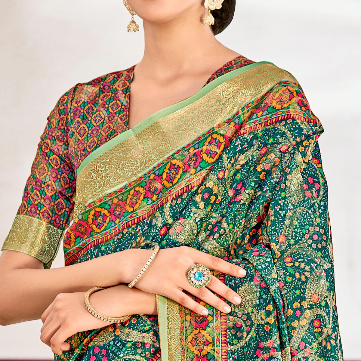Turquoise Woven Art Silk Saree With Tassels - Peachmode