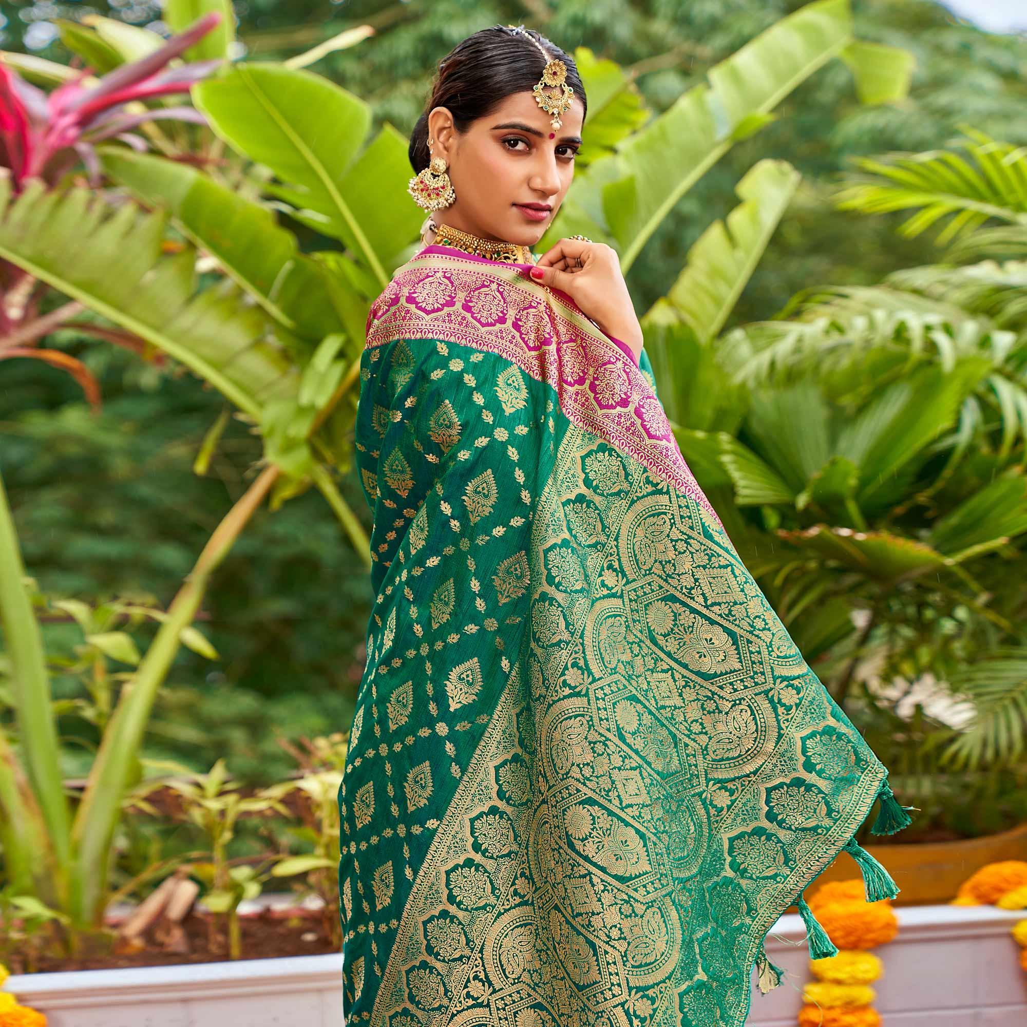 Turquoise Woven Art Silk Saree With Tassels - Peachmode