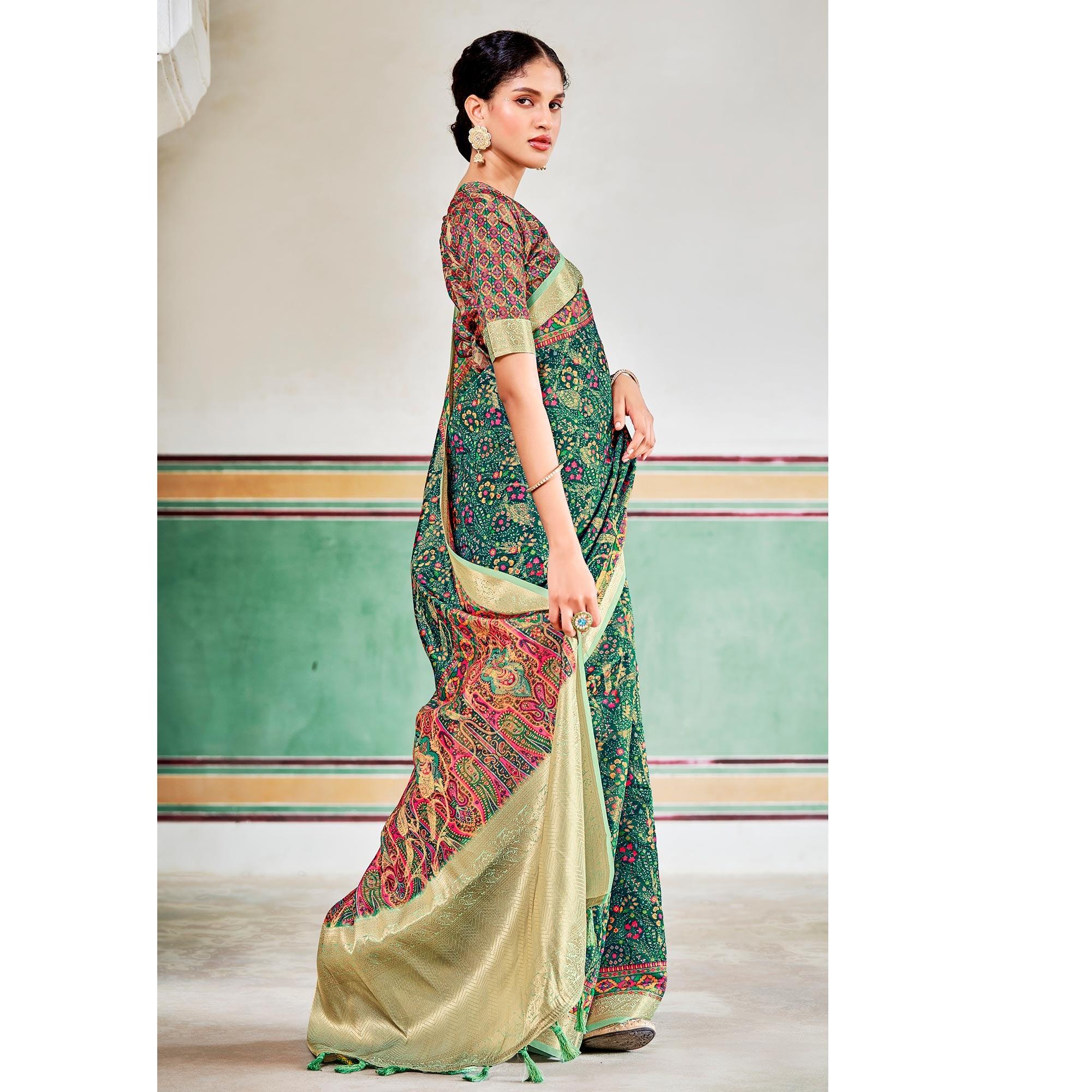 Turquoise Woven Art Silk Saree With Tassels - Peachmode