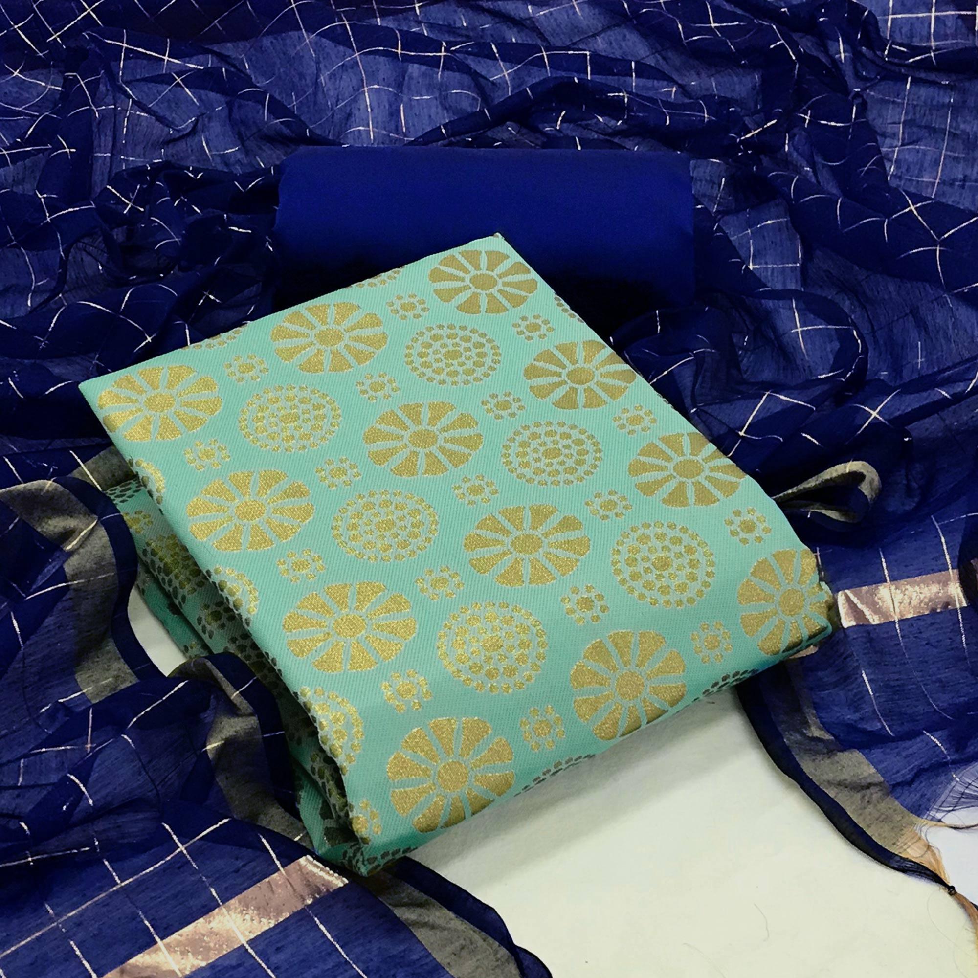 Turquoise Woven Banarasi Silk Dress Material - Peachmode